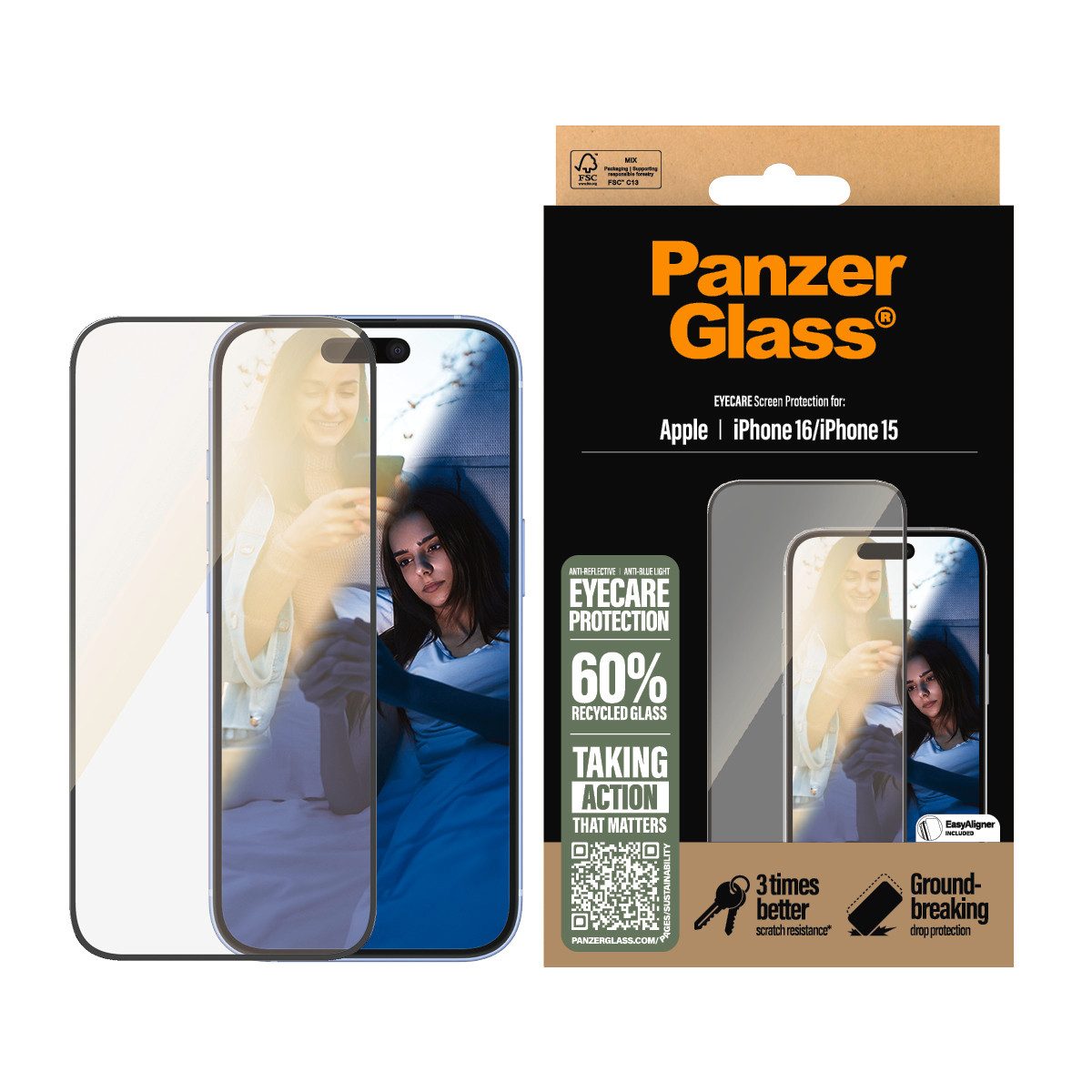 PanzerGlass Displayschutzglas EyeCare Screen Protection für Apple iPhone 15, Apple iPhone 16, Displayschutzfolie, Schutzfolie, Bildschirmschutz, kratz- & stoßfest