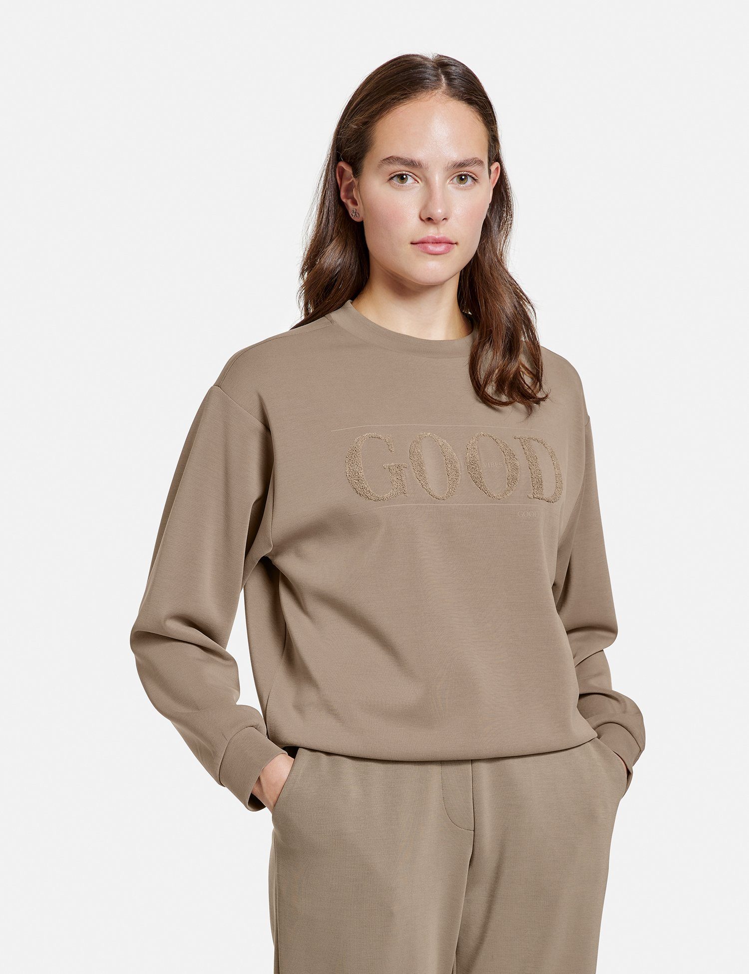 Taifun Wording Sweatshirt Langarmshirt Taupe mit