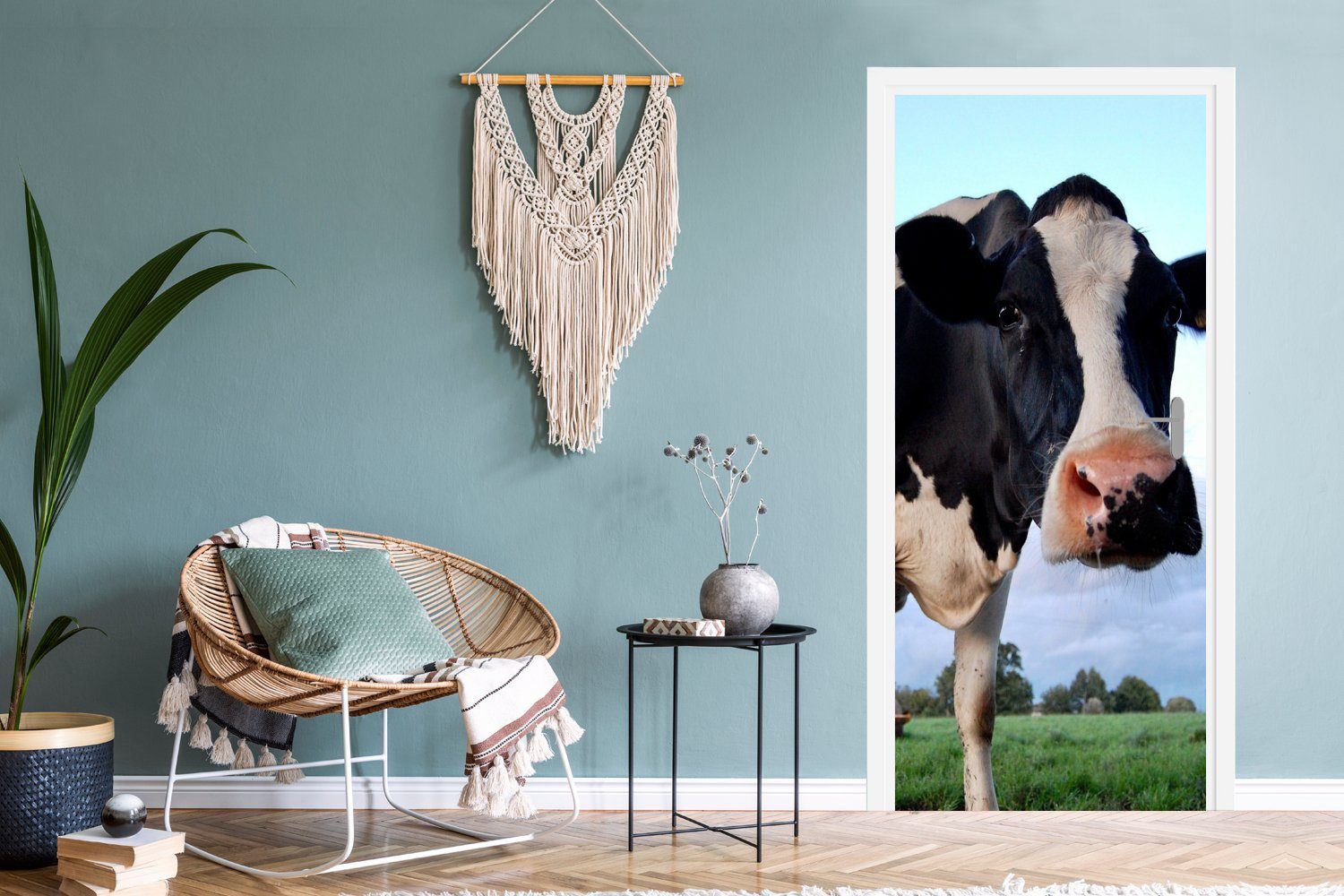 MuchoWow Türtapete Kuh - Bauernhof Gras 75x205 cm bedruckt, Türaufkleber, - Tiere, Matt, - Tür, St), (1 für Fototapete