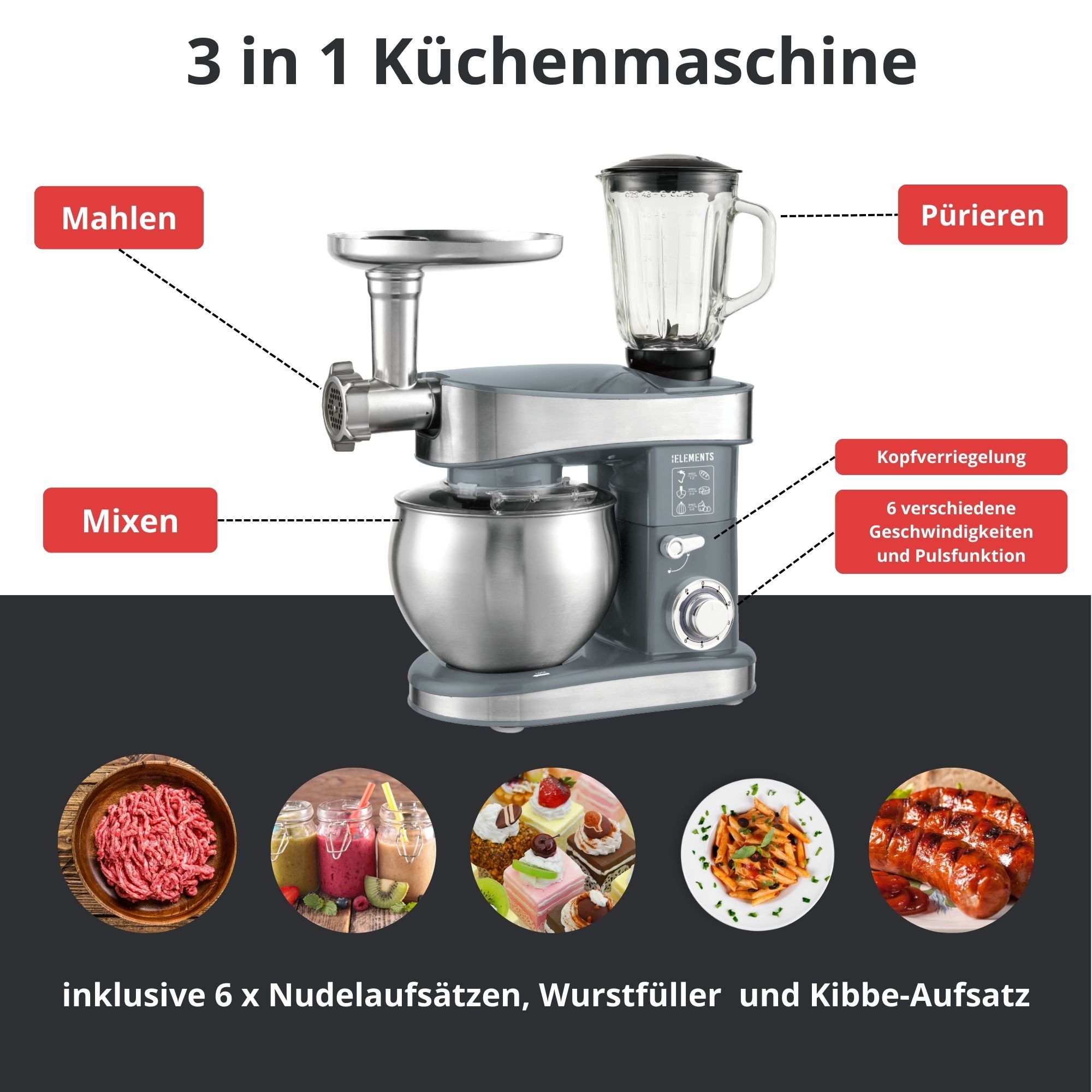 KB Elements Küchenmaschine ELK75LP, 2000 W, 6 l Schüssel, GS-zertifizierter Standmixer, 6 x Nudelaufsätzen