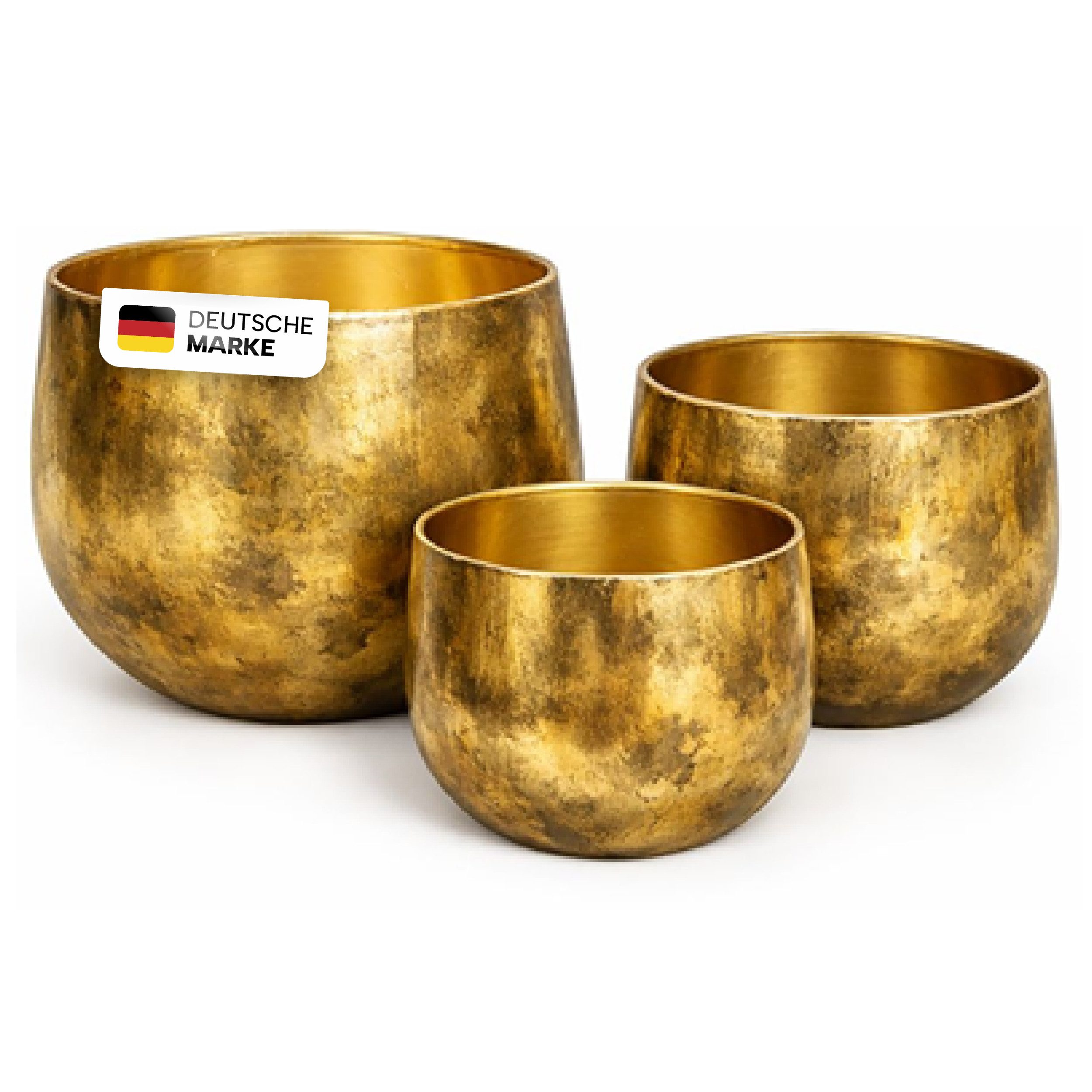 NATIV Blumentopf Pflanztöpfe Metall 3er-Set in Gold mit strukturierter Antik-Optik, besonders leicht