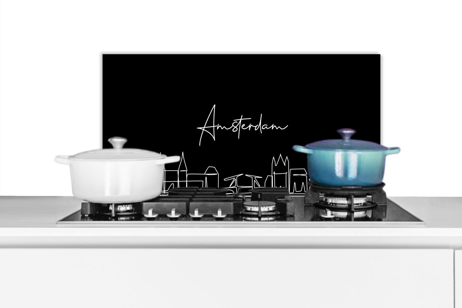 MuchoWow Küchenrückwand Skyline - Amsterdam - Linienkunst - Niederlande - Schwarz-Weiß, (1-tlg), 60x30 cm, Wandschutz, gegen Fett und Schmutzflecken für Küchen