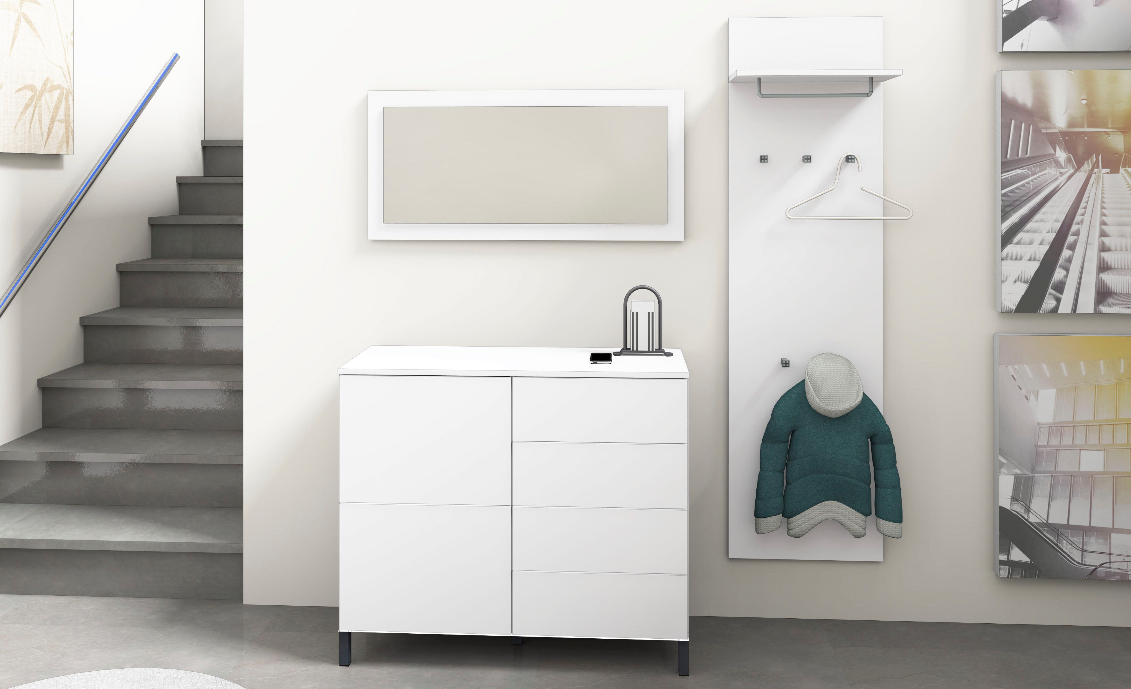 borchardt Möbel Garderoben-Set Haama 3-teilig mit Kommode, Wandpaneel und Spiegel, (3-St), Push-to-open-Technik, Metallfüße, platzsparend