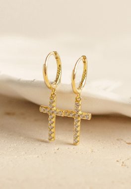 Hey Happiness Paar Creolen Ohrringe Damen Kreuz Anhänger, 18K Roségold vergoldet, Creolen Kreuz Silber 925 Zirkonia hängend, Geschenk Idee