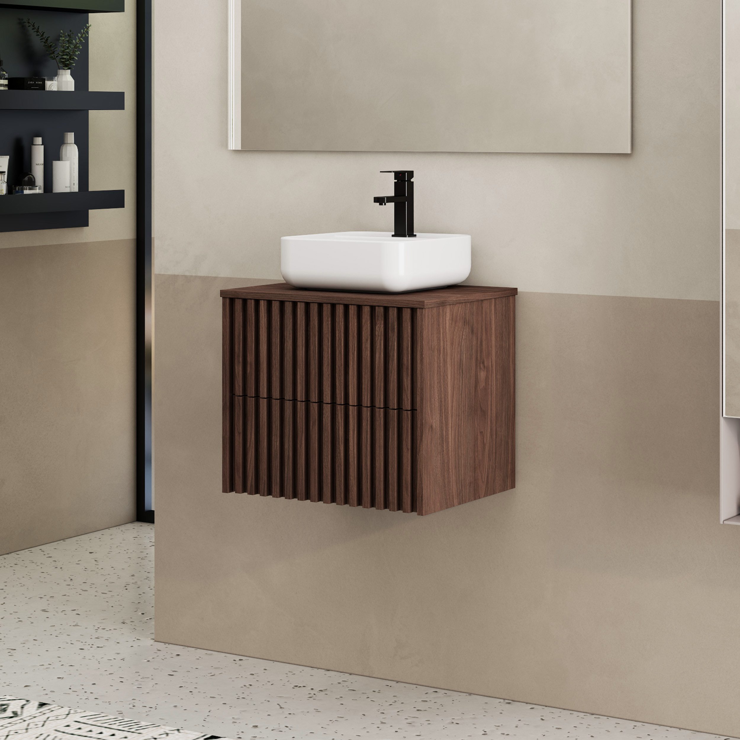 UEV Waschtisch mit Unterschrank hängend Rechteckiges Keramikwaschbecken (Komplett-Set Badmöbel, Badezimmmer Schrank, mit Wasserhahn und Pop-up-Ablassventil Aufsatz-Waschbecken), Soft-close Schubladen,Waschbeckenunterschrank mit 2 Schubladen