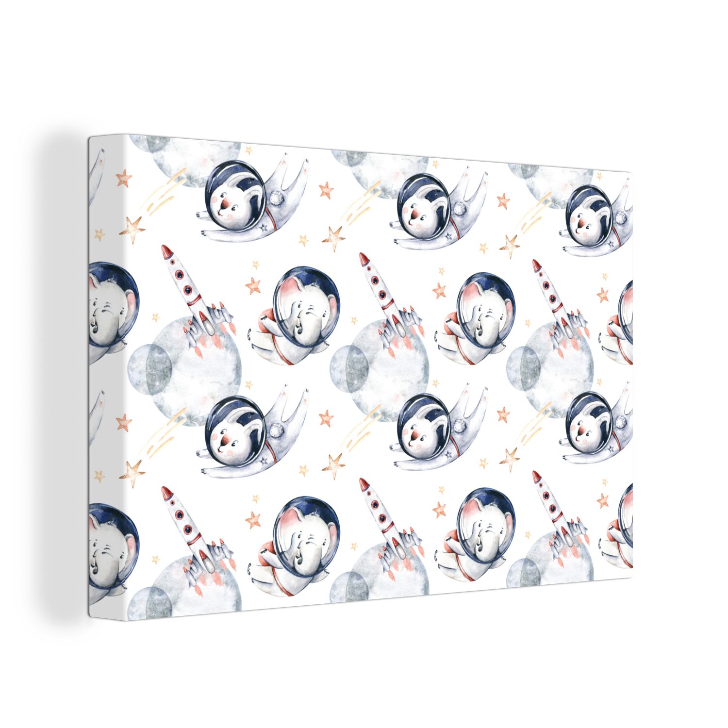 OneMillionCanvasses® Leinwandbild Muster - Rakete - Tiere - Mädchen - Jungen - Kinder - Kinder, (1 St), Wandbild Leinwandbilder, Aufhängefertig, Wanddeko, 30x20 cm