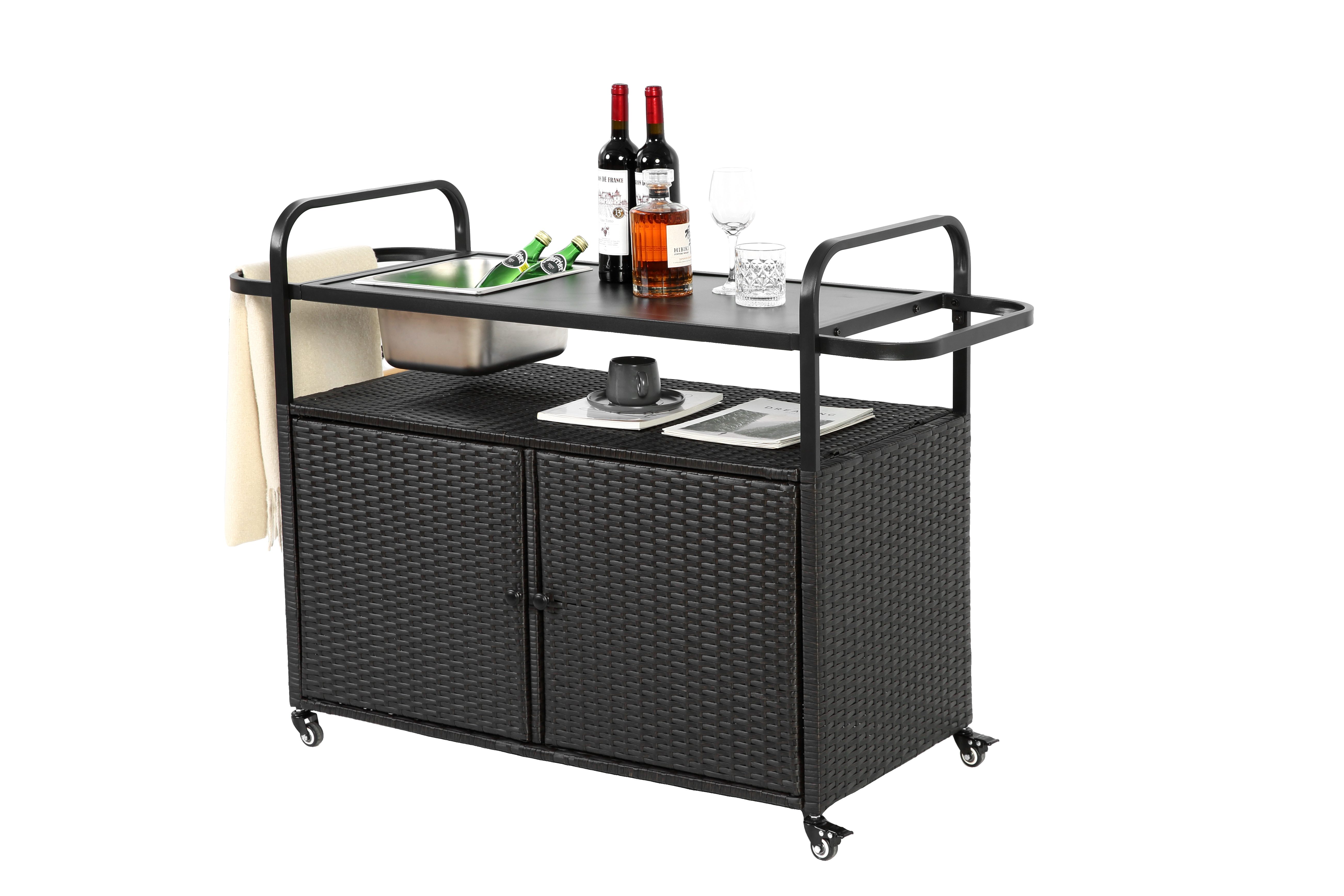 OKWISH Servierwagen Außenstangentisch, Wicker Bar Cart mit Schran, (Beistellwagen, Rollwagen, Küchenwagen, 1 St., Allwetter-Anpassungsfähigkeit), mit Stahloberteil, einem Eiseimer, abschließbaren Rädern