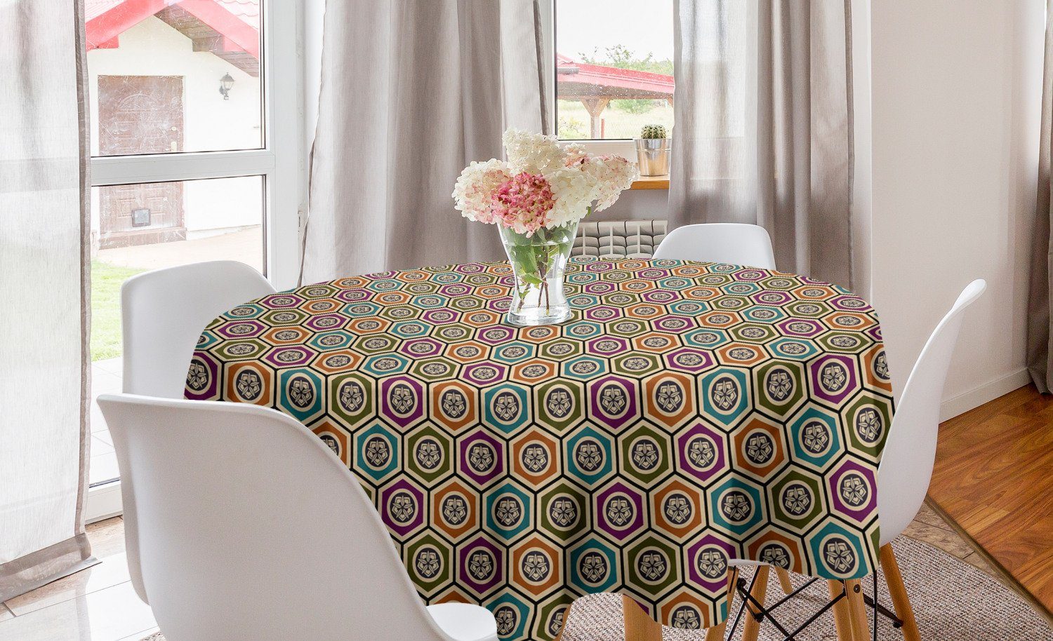 Abakuhaus Tischdecke Kreis Tischdecke Abdeckung für Esszimmer Küche Dekoration, geometrisch Abstrakte japanische Flora