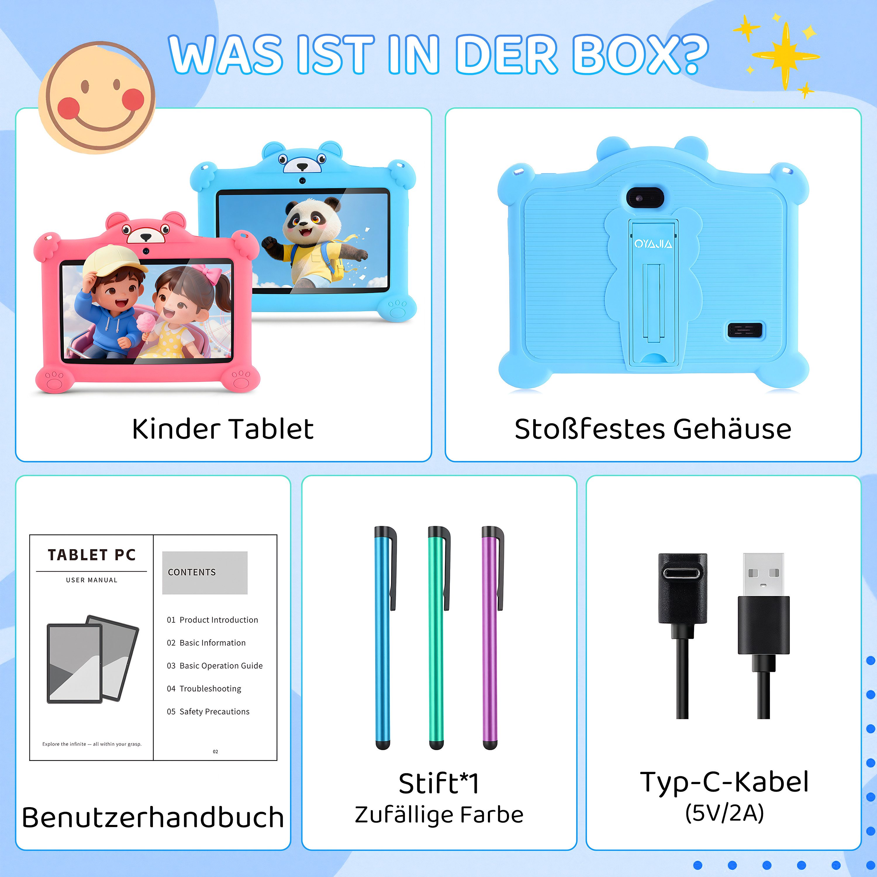 oyajia 7 Zoll mit Robuster Hülle, 4GB+64GB, WiFi Bluetooth IPS HD Android 15 Tablet (7", 64 GB, WiFi, Android 15 ab 3 Jahren, mit Hülle & Stift, Google Kids Space Gemini AI)