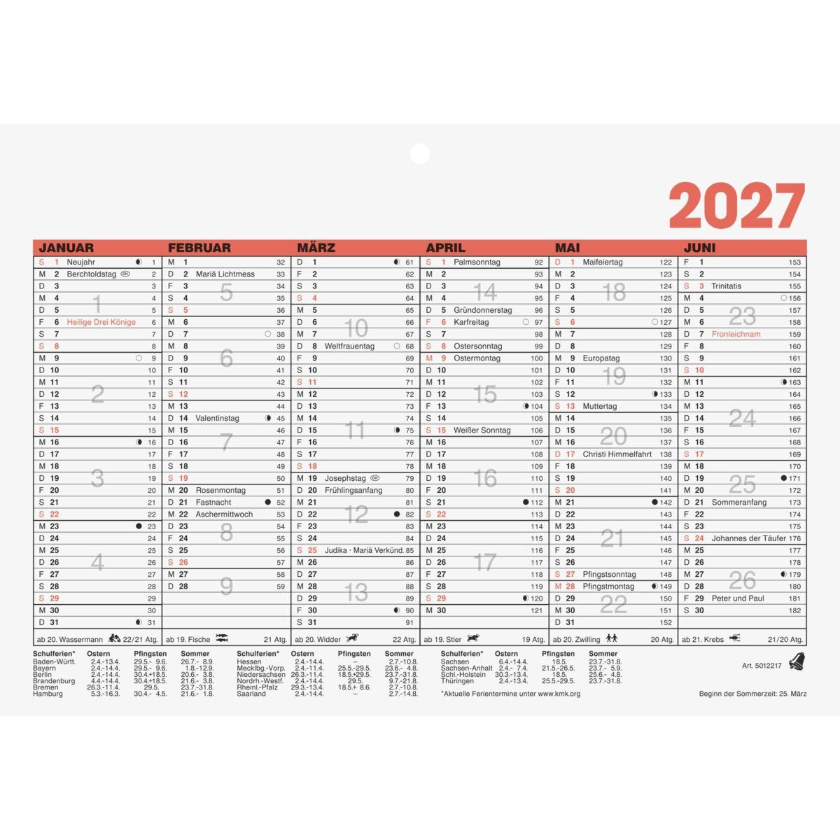 GLOCKEN Terminplaner Tafelkalender 21x14,8cm 6 Monate/Seite Kalendarium 2027