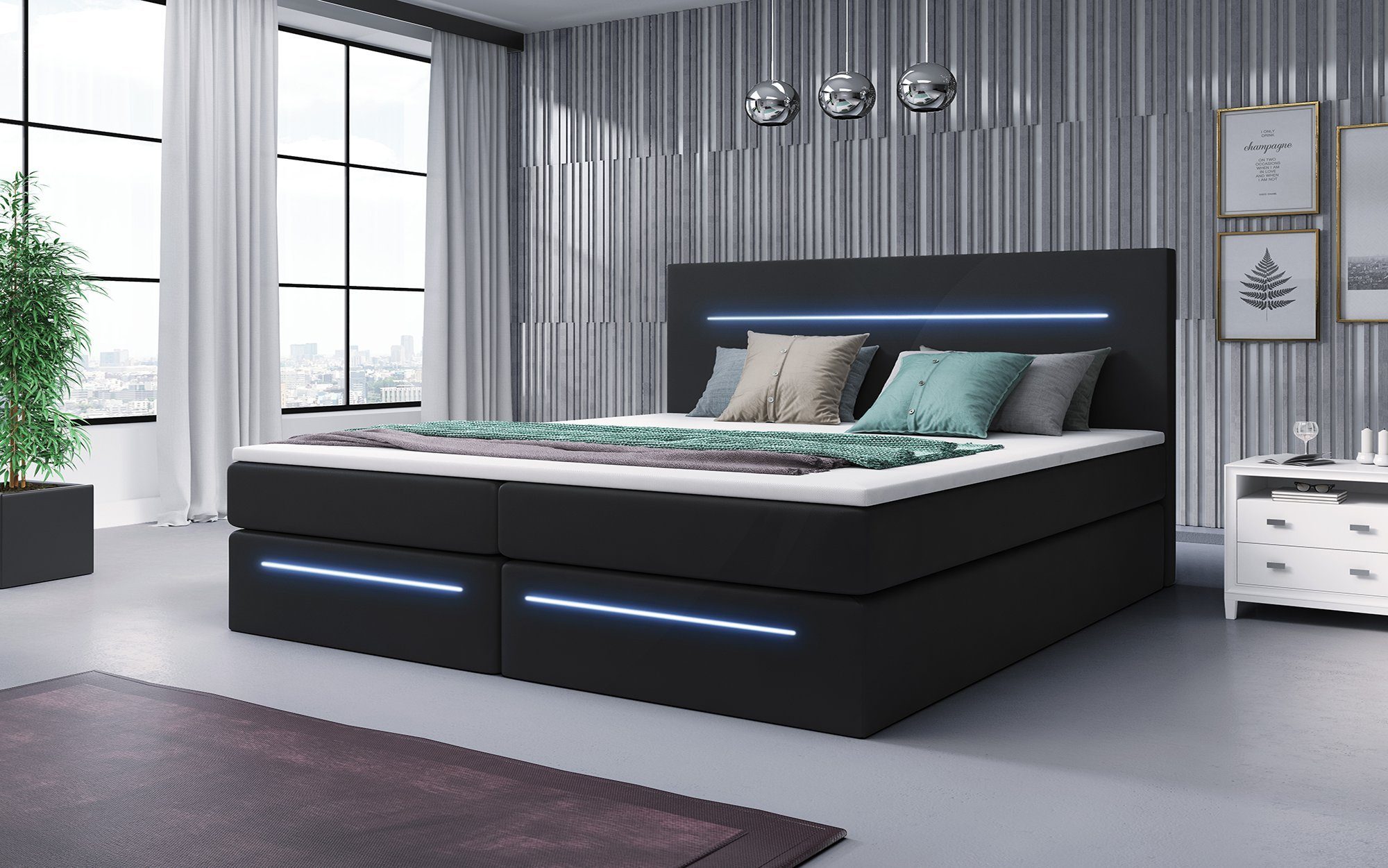 Baidani Boxspringbett Boxspringbett Barcelona mit LED und Stauraum