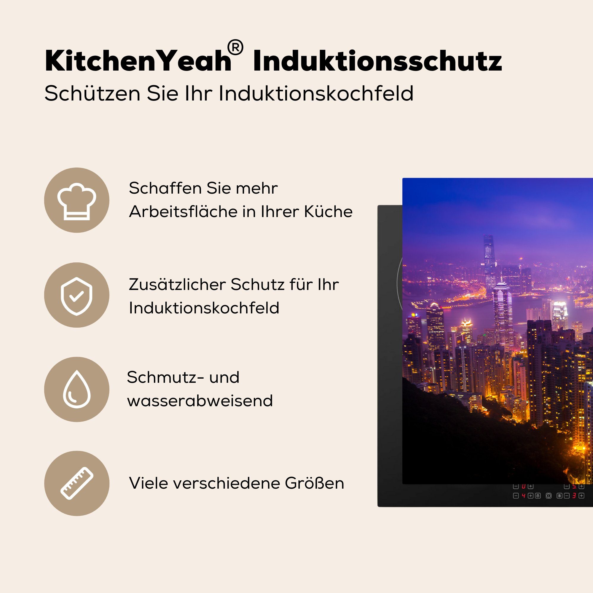 Vinyl, für Victoria Blick cm, Induktionskochfeld bei (1 Schutz 81x52 Hongkong die MuchoWow Ceranfeldabdeckung Peak küche, Herdblende-/Abdeckplatte tlg), über Nacht, vom