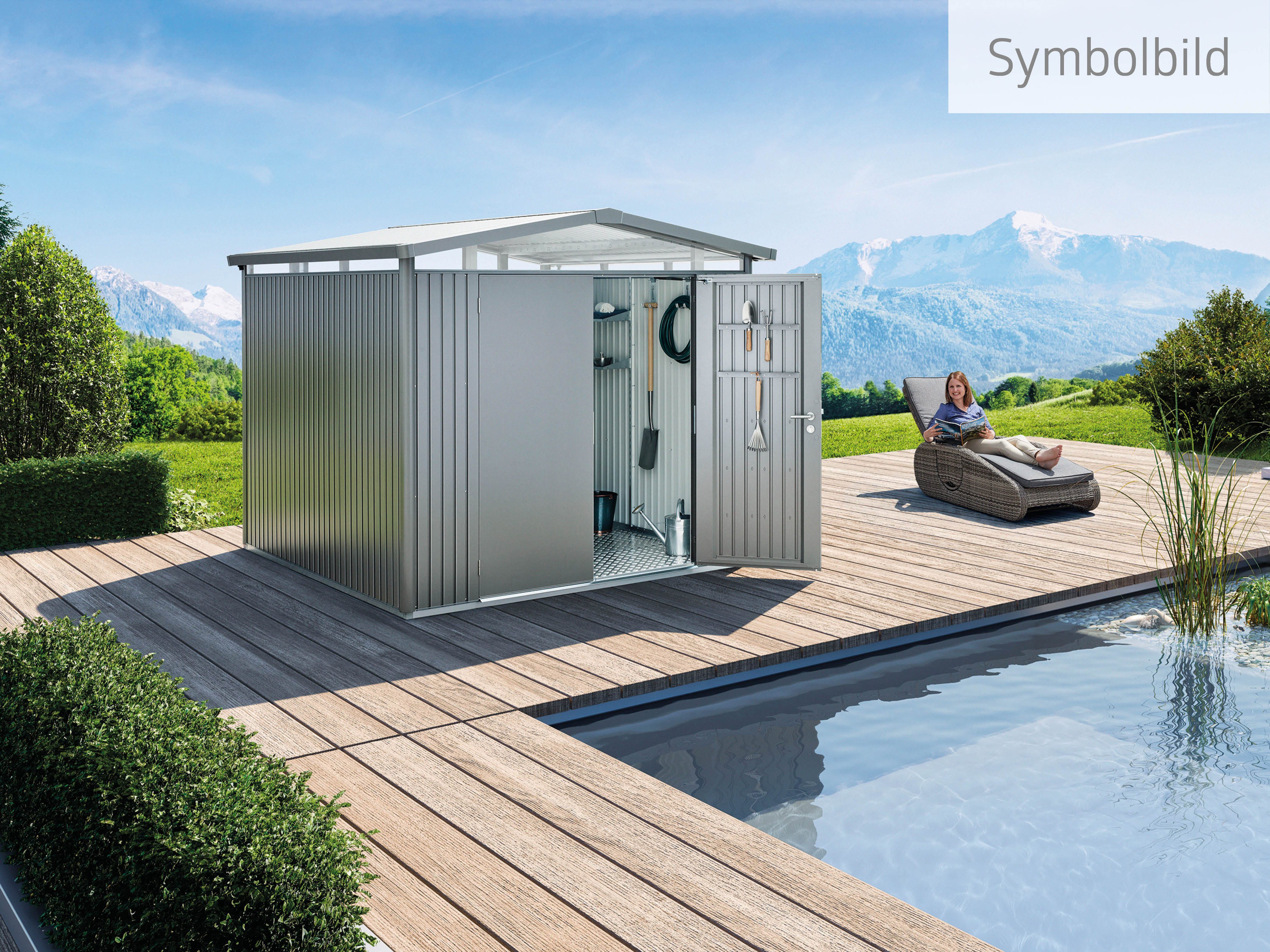 Biohort Gerätehaus PANORAMA Gr. P3 quarzgrau-metallic mit Doppeltür, BxT: 273x238 cm, aus Metall mit umlaufendem Acrylglas-Lichtband