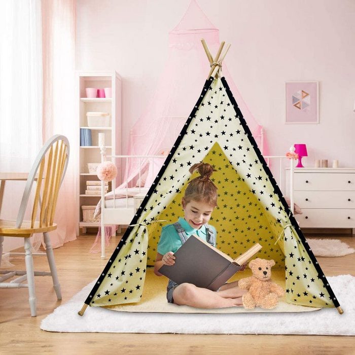 BeebeeRun Spielzelt Kinderzelt mit Sterne Tipi-Zelt aus Baumwolle mit Teppich