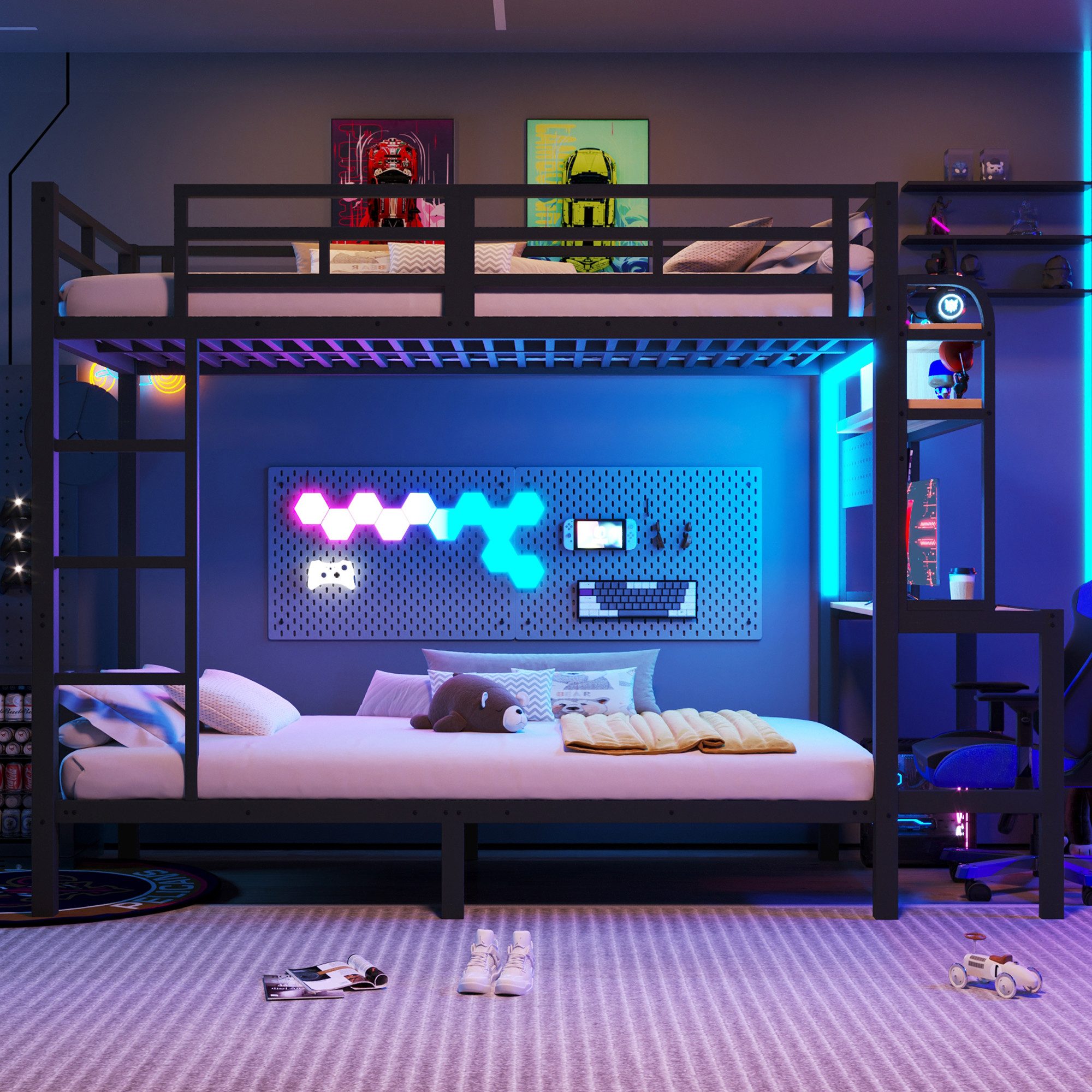 Merax Etagenbett 90x200cm mit LED-Beleuchtung & USB-Anschluss (Jugendbett Stockbett Doppelbett, 1-St), Metallbett Kinderbett mit Schreibtisch Ablagefächern Geländer Leiter