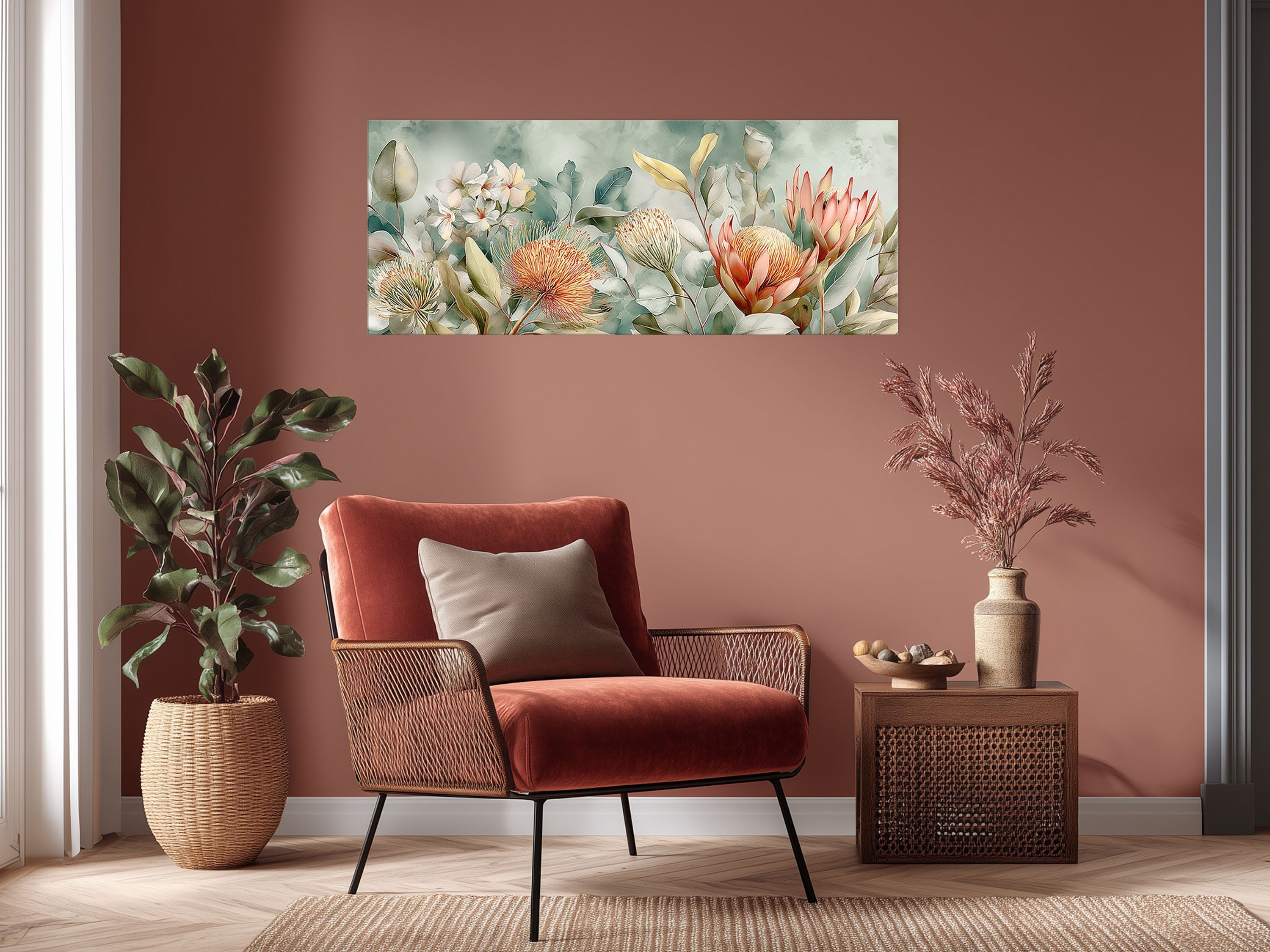 artissimo Glasbild XXL Bild aus Glas 125x50 cm / Panorama Wandbild groß / Wanddeko modern, Aquarell-Malerei: Blüten in salbei-grün – Bild 4 von 5