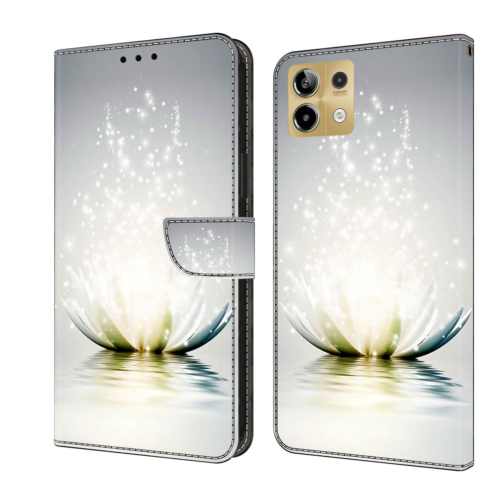 CLM-Tech Handytasche für Xiaomi Redmi Note 13 5G Hülle - Tasche aus Kunstleder Klapphülle (Lotus Lampe, Handyhülle mit Standfunktion - Wallet Flip Case inklusive Kartenfächer), - Cover Etui mit Magnetverschluss - Redmi Note 13 5G Schutzhülle