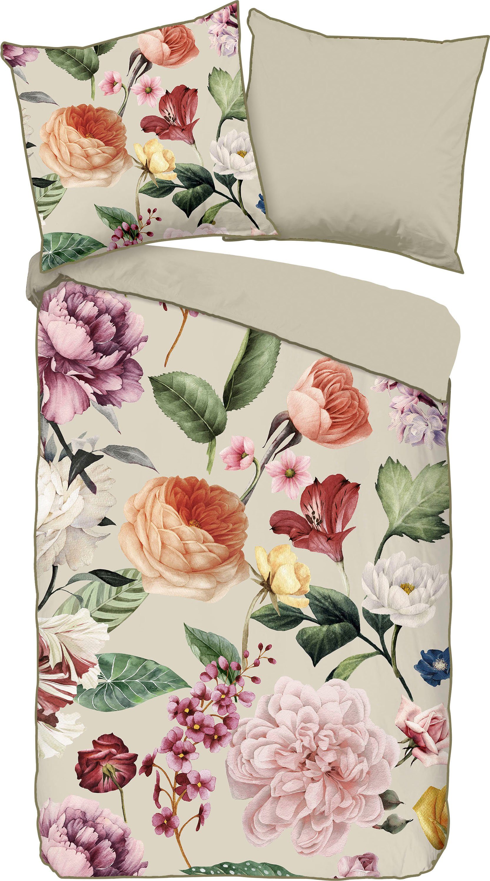 Descanso Wendebettwäsche Fiori, Satin (Bio-Baumwolle), 2 teilig, Baumwolle, Satin, 135x200, Biese, Reißverschluss, Wende, Blumen Sand