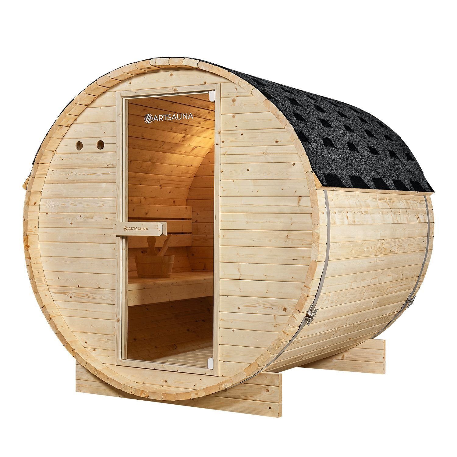 Artsauna Fasssauna Spitzbergen 180, BxTxH: 191 x 180 x 193 cm, für 4 Personen, Fichtenholz, 6 kW Elektro-Ofen, Komplett-Set