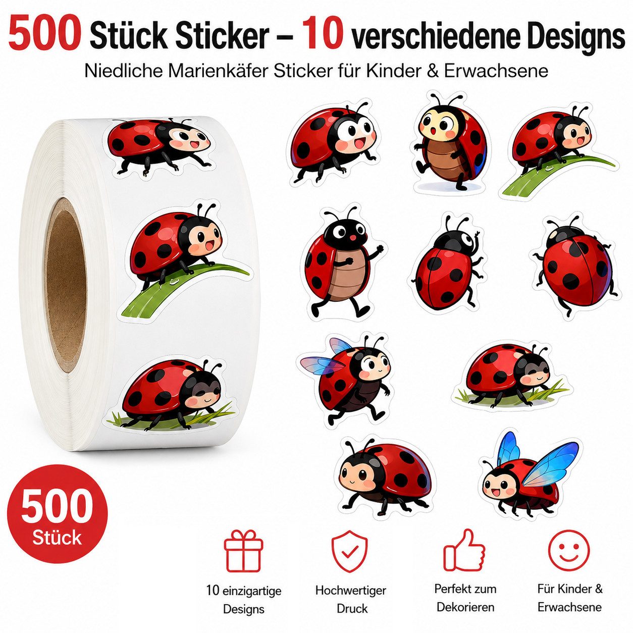 Ware aus aller Welt Sticker 500 Marienkäfer Sticker Glücks Aufkleber Etiketten 2,5cm, (500-tlg)