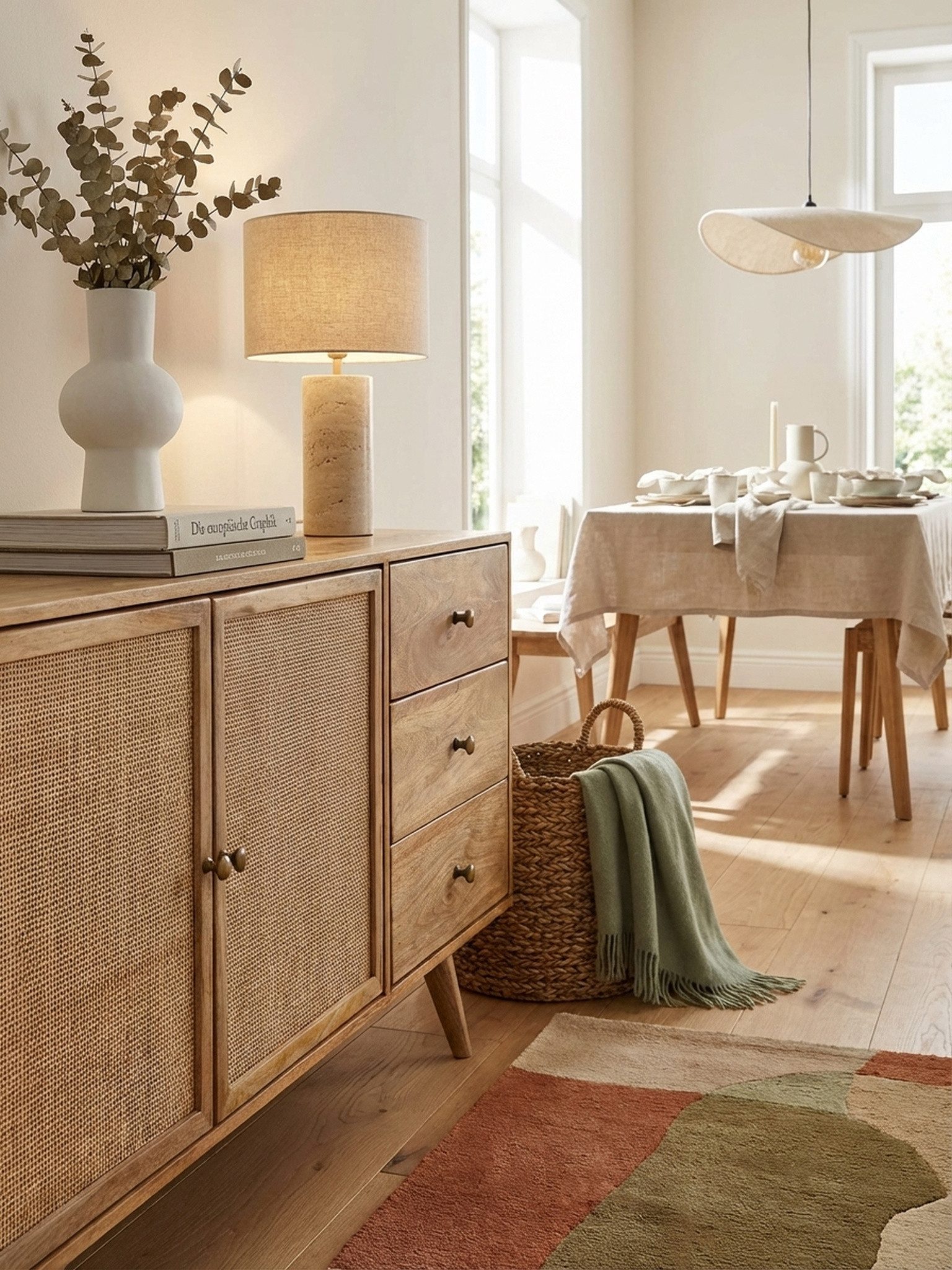 KADIMA DESIGN Kommode Design Sideboard 140x75x40 cm Mango Massivholz / Rattan, Kommode 3 (Wohnzimmer, 2 Türfächer Rohrgeflecht), Schubladen, Hoher Kommodenschrank Holz Massiv, Standschrank