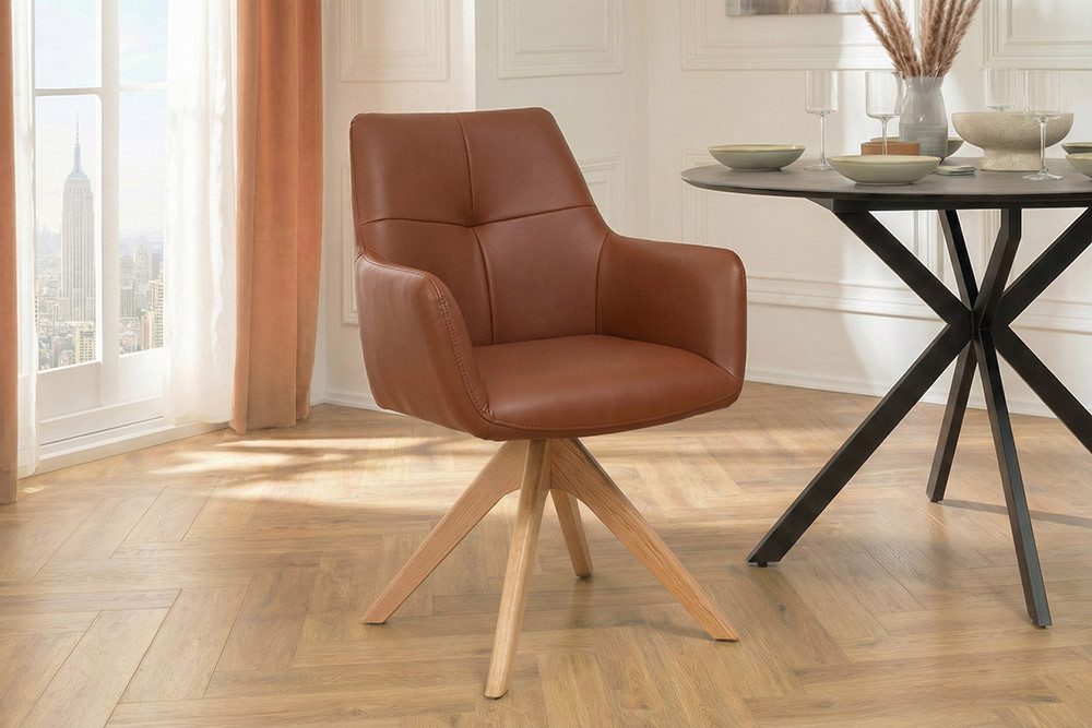 riess-ambiente Drehstuhl ALMARA cognac braun/natur - Eiche, Echtleder, 360°, Massivholz, modern (Einzelartikel, 1 St), Natürlicher Polsterstuhl - ideal f. Ess- & Wohnzimmer oder Home Office
