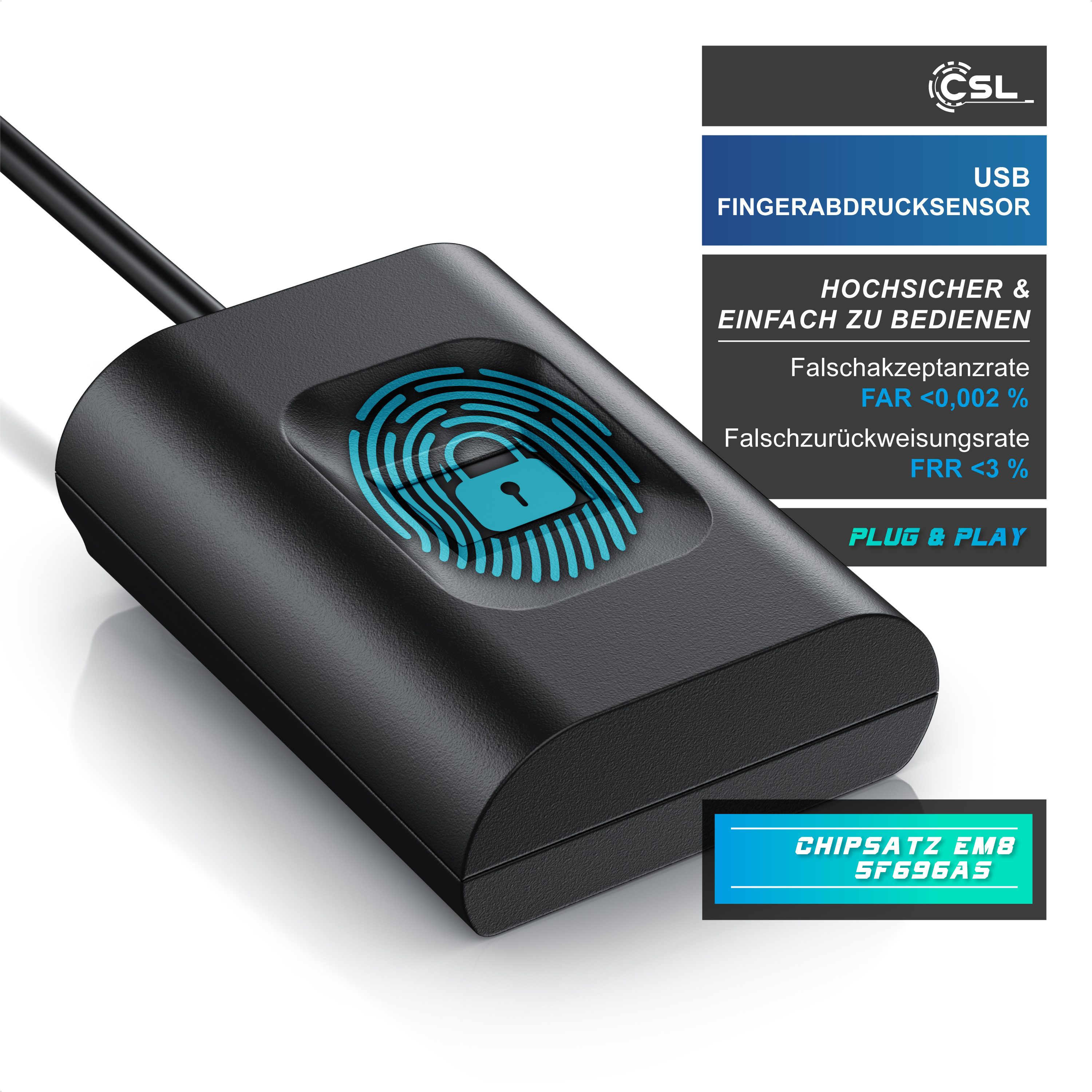 CSL Fingerabdrucksensor USB Fingerabdruckleser kabelgebunden, bis zu 10 IDs, Finger Scanner, plug & play, Rundumerkennung, Windows 8 / 10 / 11 kompatibel