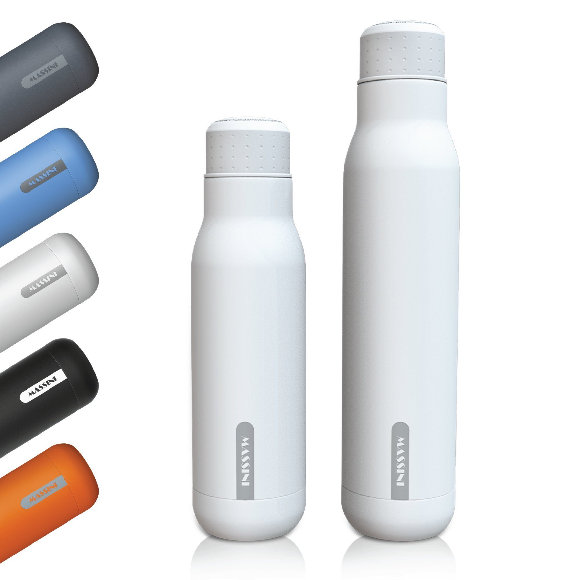 Isolier- Auslaufsicher, und Massini Edelstahl Pulverbeschichtung, Thermoflasche Weiß Kohlensäure geeignet, Design Trinkflasche BPA-Frei Trinkflasche