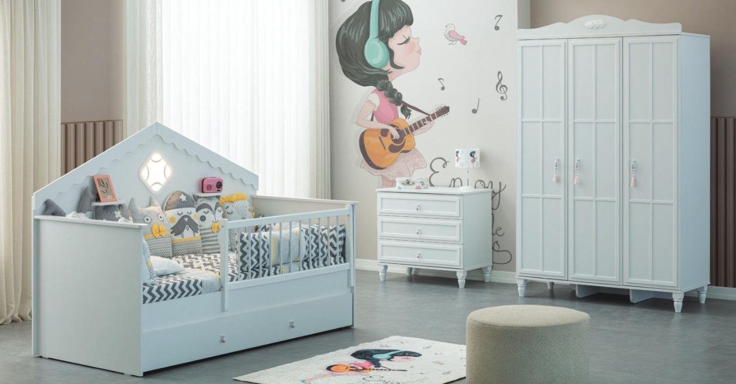 JVmoebel Schlafzimmer-Set Kinderbettchen Garnitur Kinderlaufstall Bettchen Weiß Holz Set 3tlg, (3-St., Kinderbett, Kleiderschrank, Kommode), Made in Europa