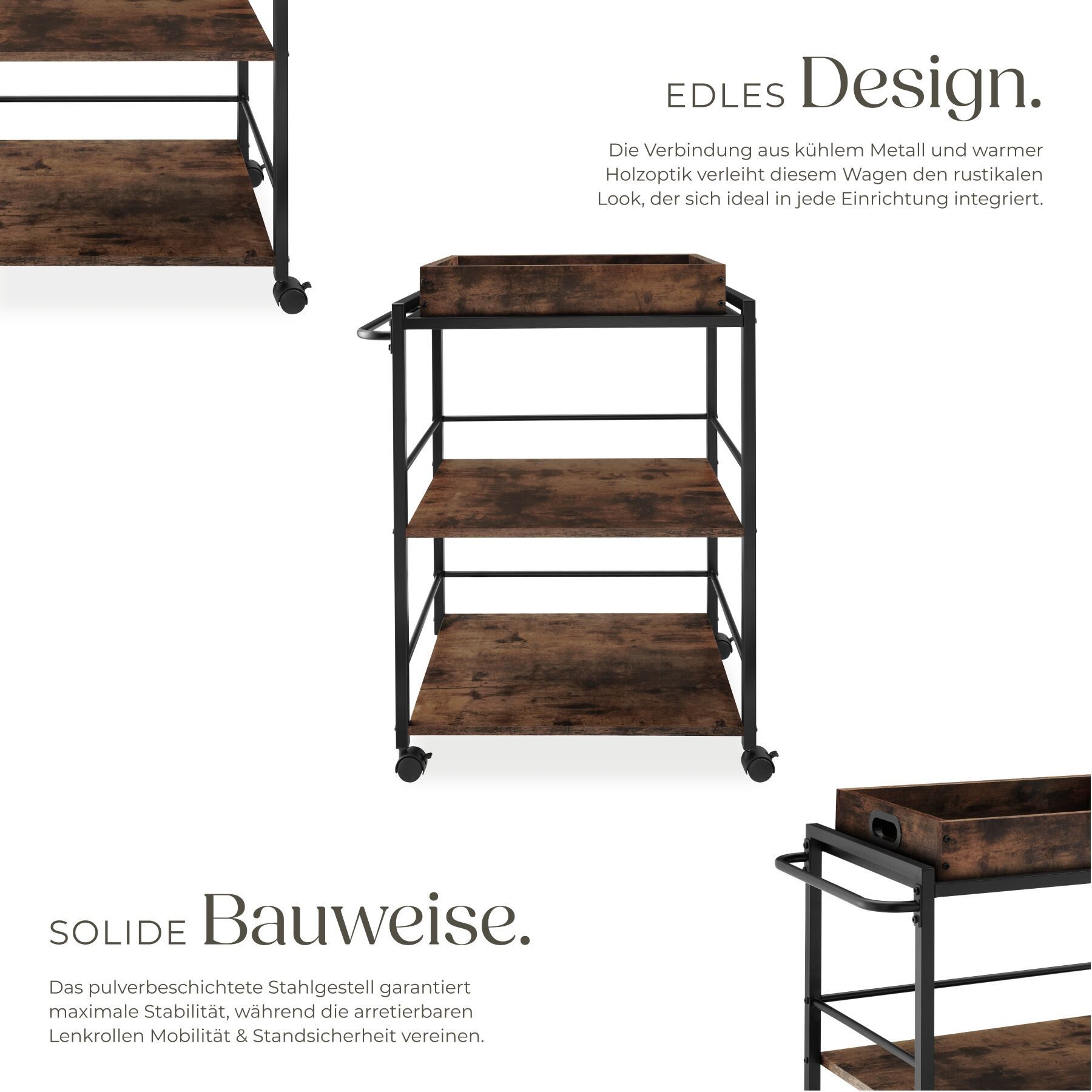 tectake Servierwagen Küchenwagen Worcester 65x41,5x87cm, Industrial Style