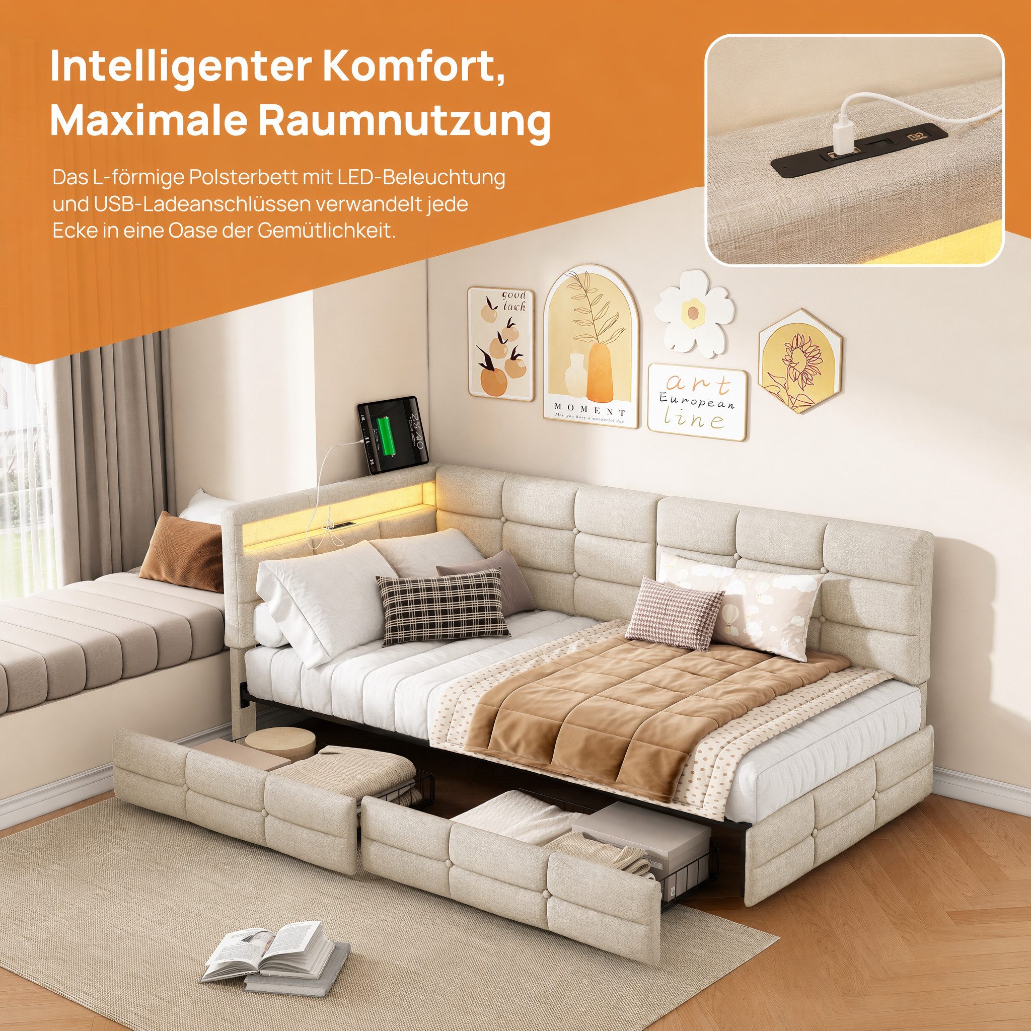 Simurq Daybed Modernes Tagesbett 90x200 cm, Polsterbett in Leinenoptik, Jugendbett, Holzlattenrost, mit Schubladen, mit USB Port+LED, Gästebett