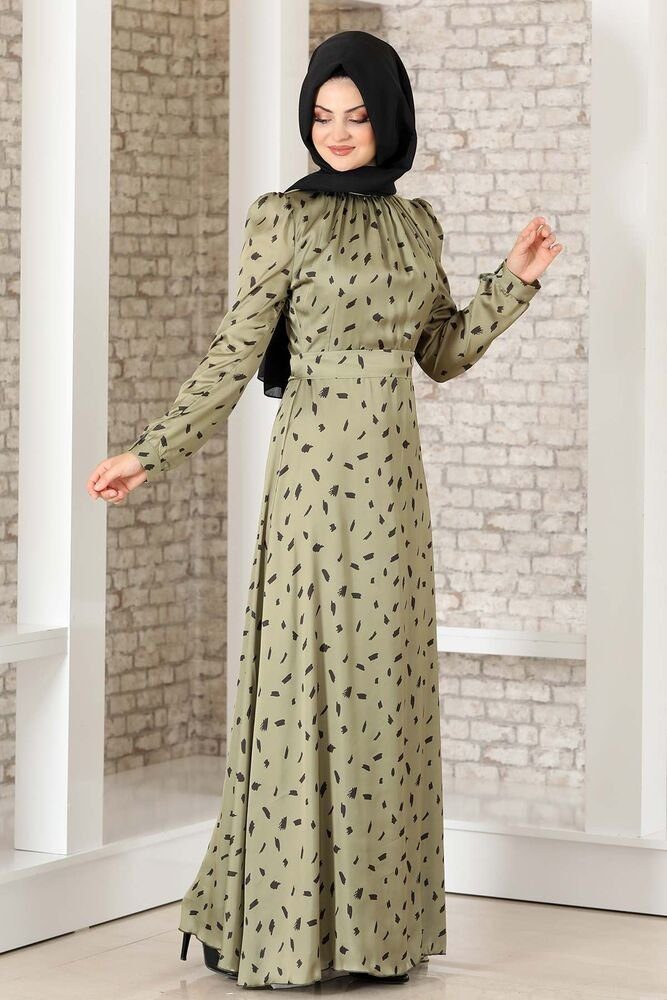 Modavitrini Satinkleid Abendleid gemustertes Kleid Hijab Mode Abiye Abaya aus Satin Khaki | Sommerkleider