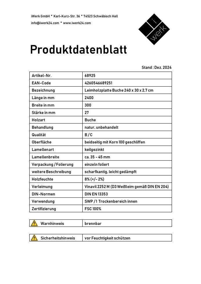 iWerk Umleimer Leimholz Buche 240 x 30 x 2,7 cm