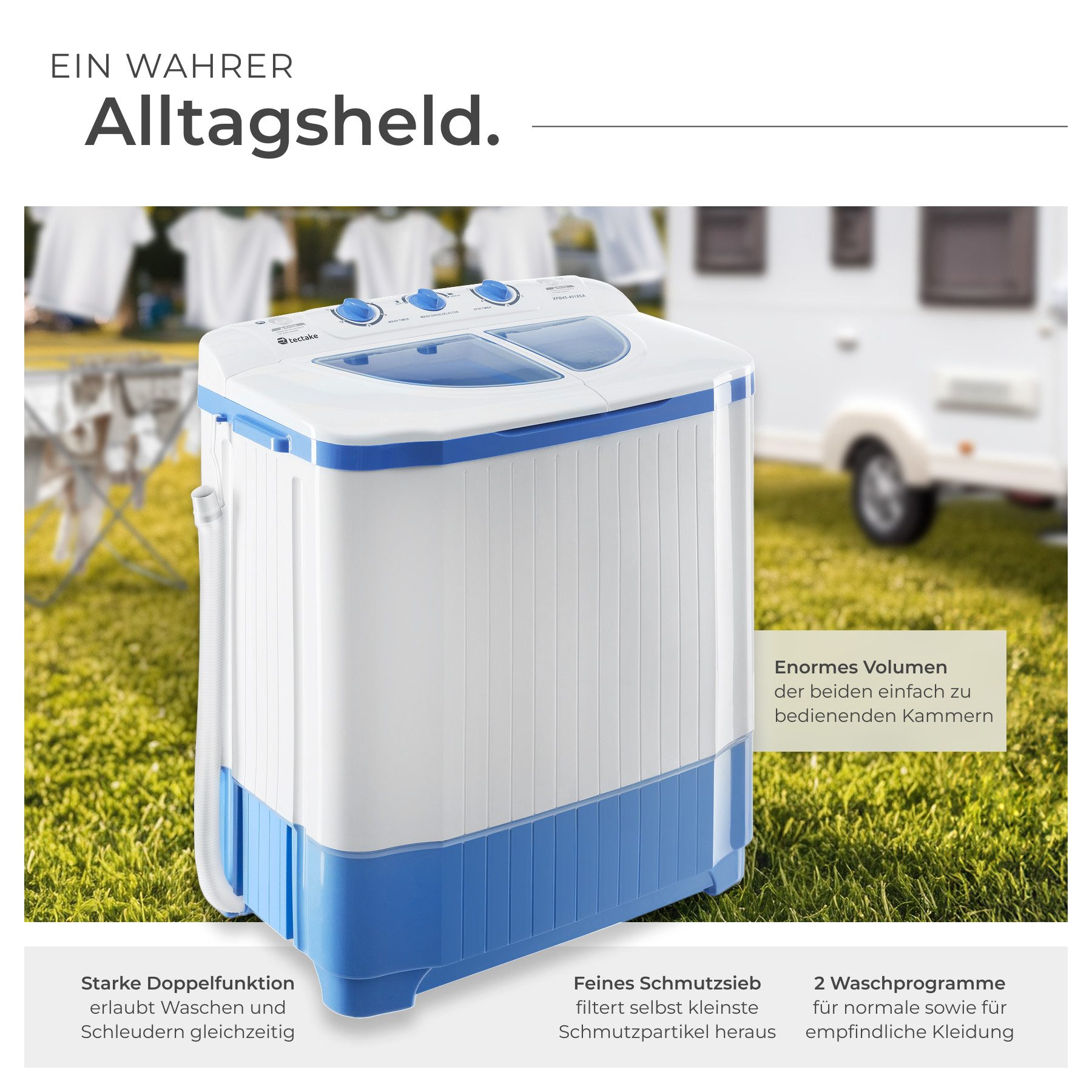 tectake Wäscheschleuder Mini-Waschmaschine - 2-in-1 Wasch- und Schleuderfunktion, 358 U/min, 4,50 kg, Wasser-, energie- und zeitsparend, stabil und bruchfest