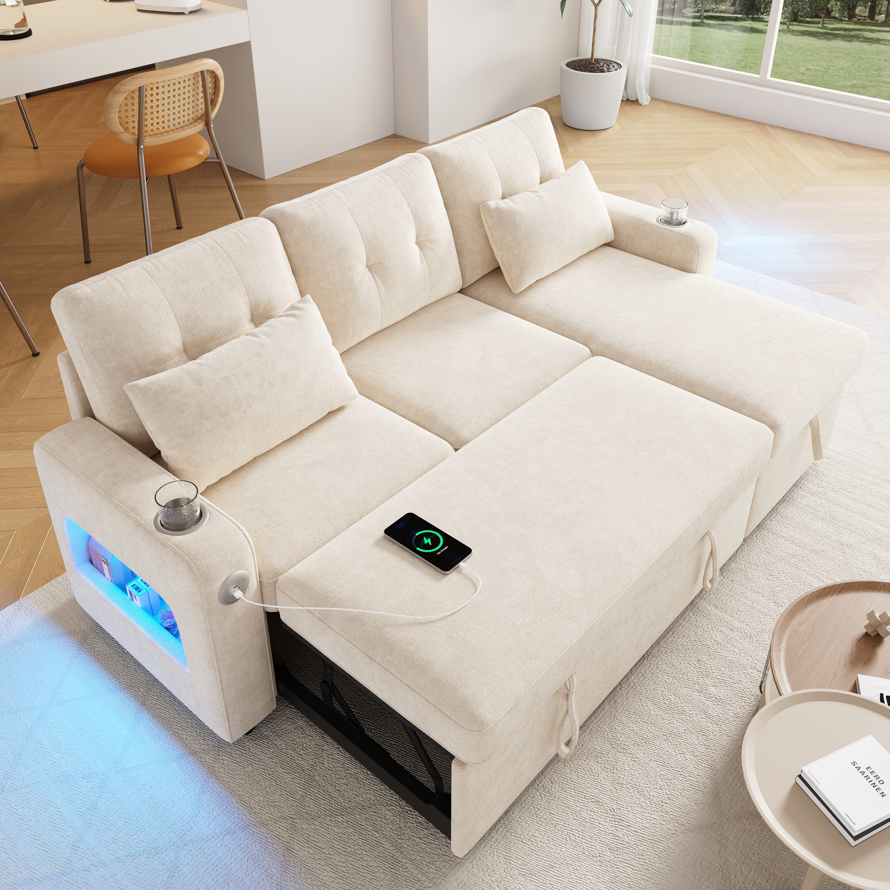 Merax Ecksofa mit LED‑Beleuchtung & USB, L-förmiges Sofa mit Schlaffunktion, multifunktionales Schlafsofa aus Chenille, für Wohnzimmer/Schlafzimmer 1 Teile, 3-Sitzer-Sofa mit Getränkehalter, Seitentaschen & verdeckten Stauraum