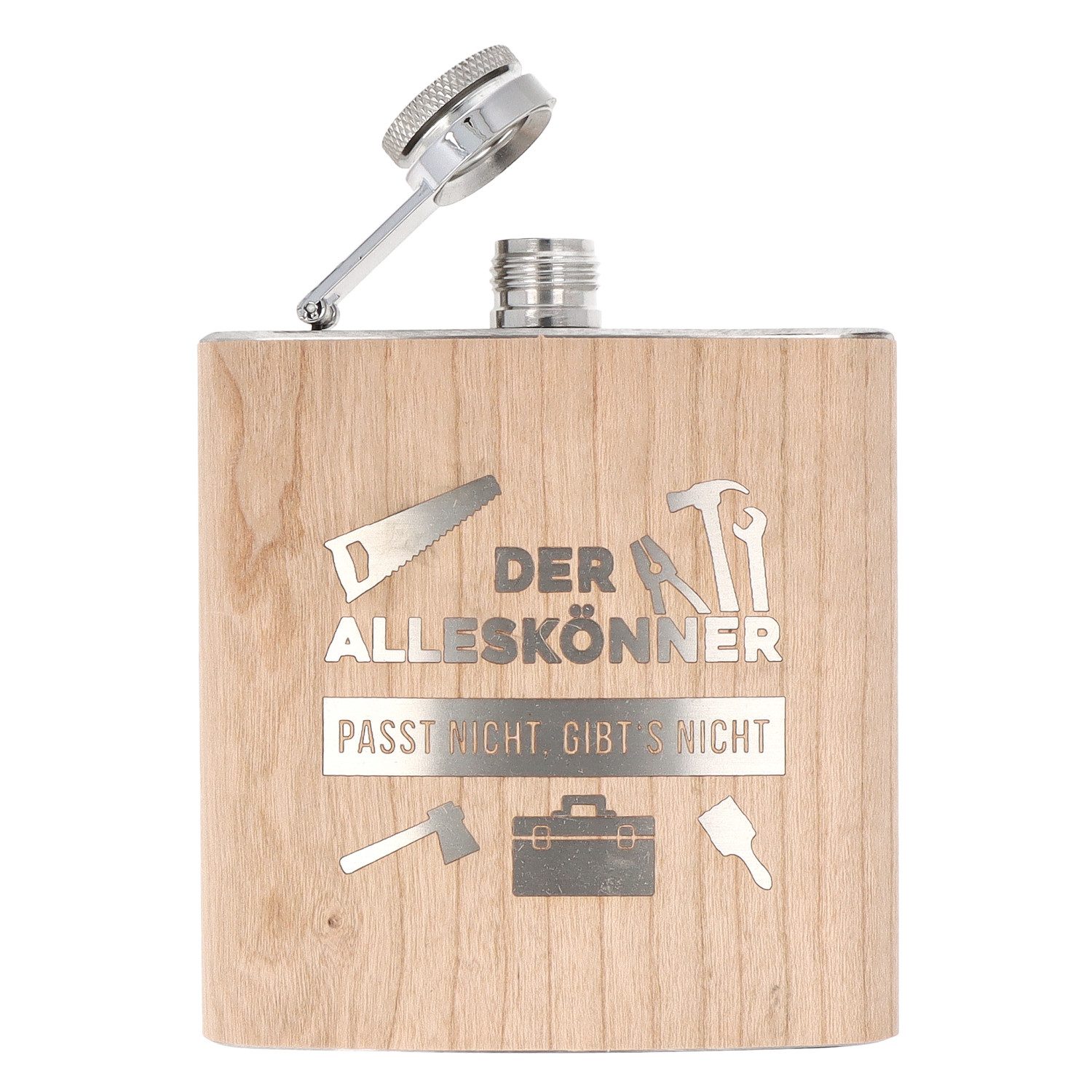 Spruchreif® Flachmann Holz- Flachmann aus Edelstahl mit Gravur, Geschenkidee Handwerker