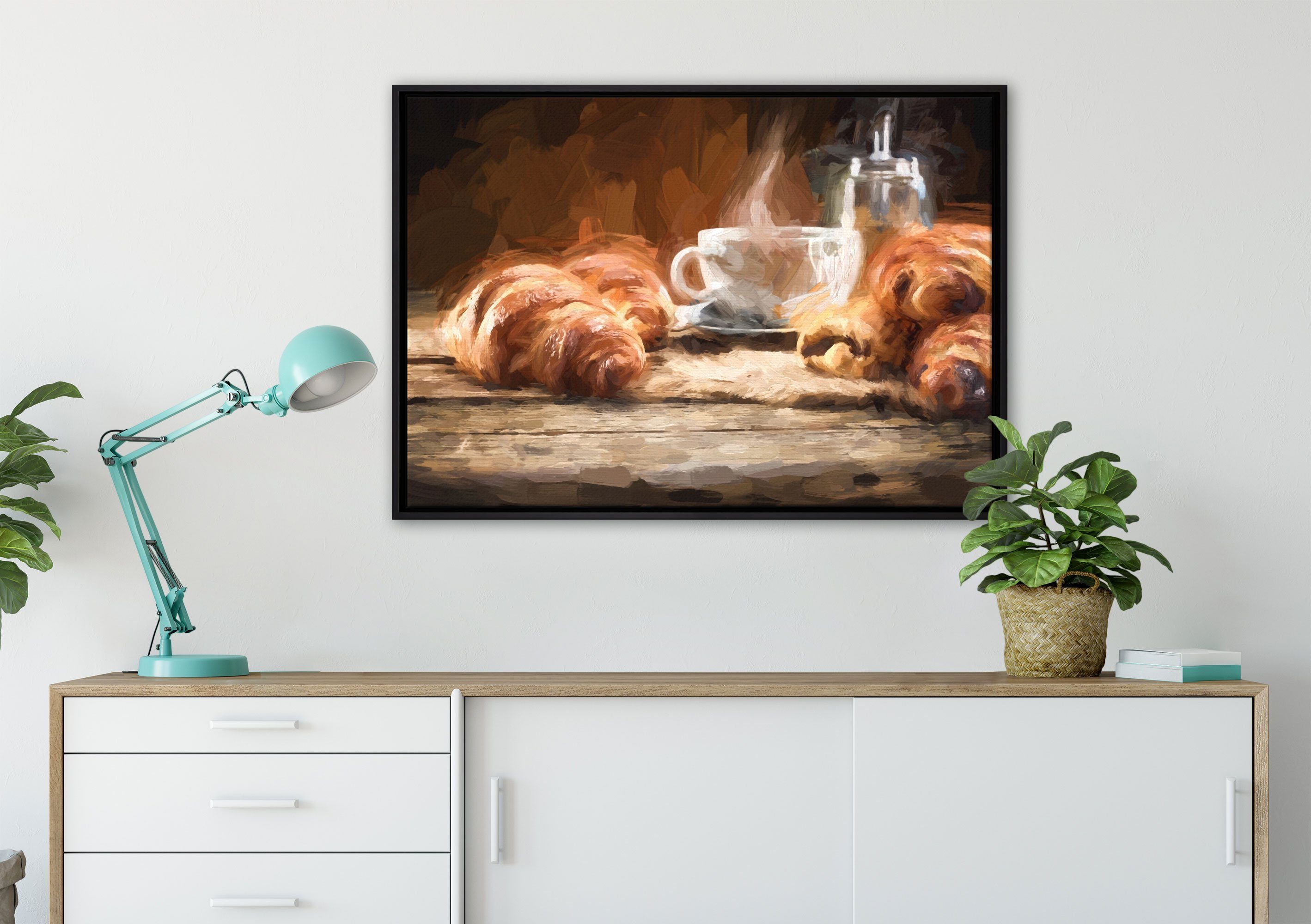 Pixxprint einem Schattenfugen-Bilderrahmen inkl. Croissants, fertig Wanddekoration Leinwandbild in mit bespannt, (1 Leinwandbild Zackenaufhänger St), Kaffee gefasst, Tasse