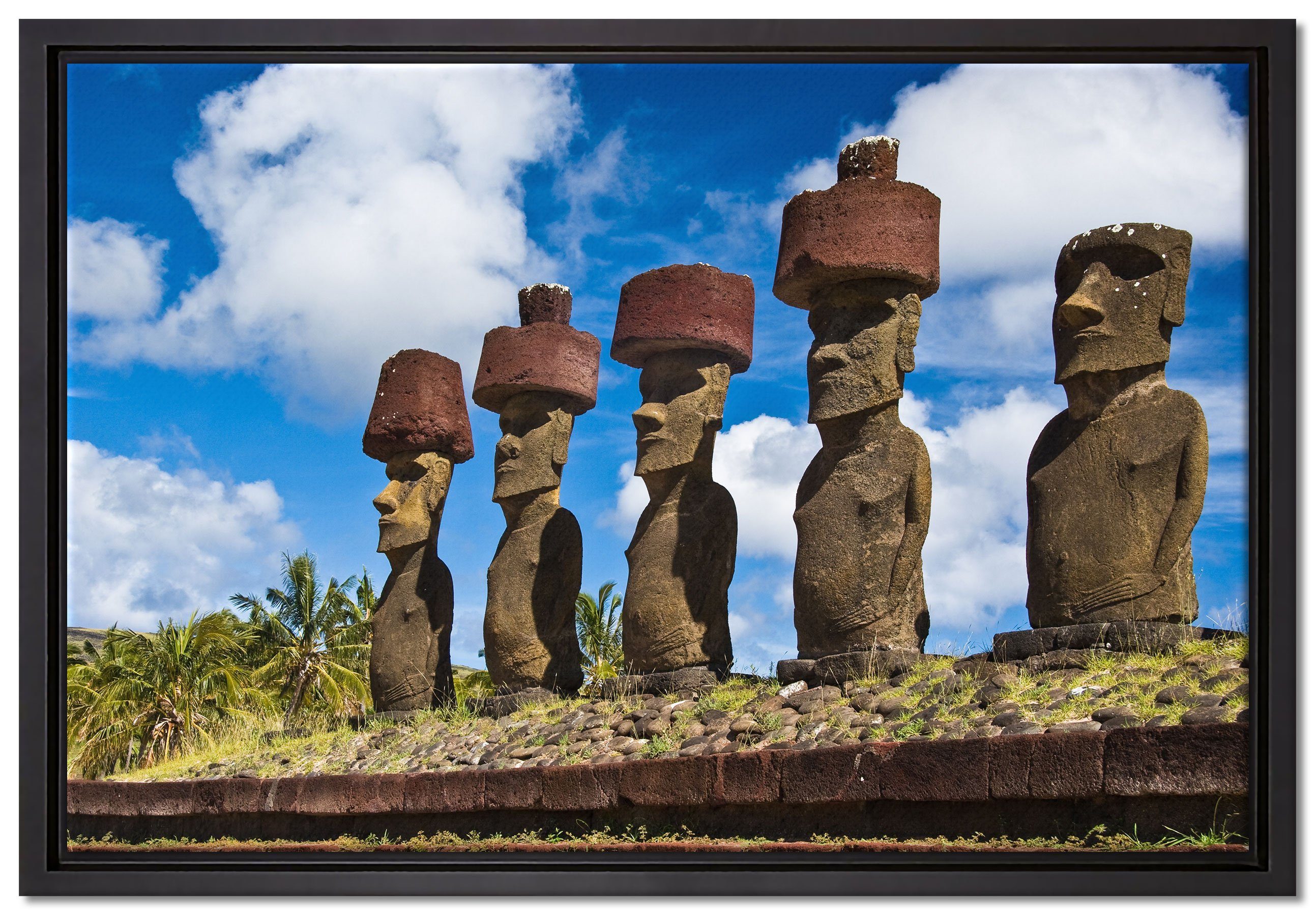 Pixxprint Leinwandbild Moai Statuen Osterinseln, Wanddekoration (1 St), Leinwandbild fertig bespannt, in einem Schattenfugen-Bilderrahmen gefasst, inkl. Zackenaufhänger