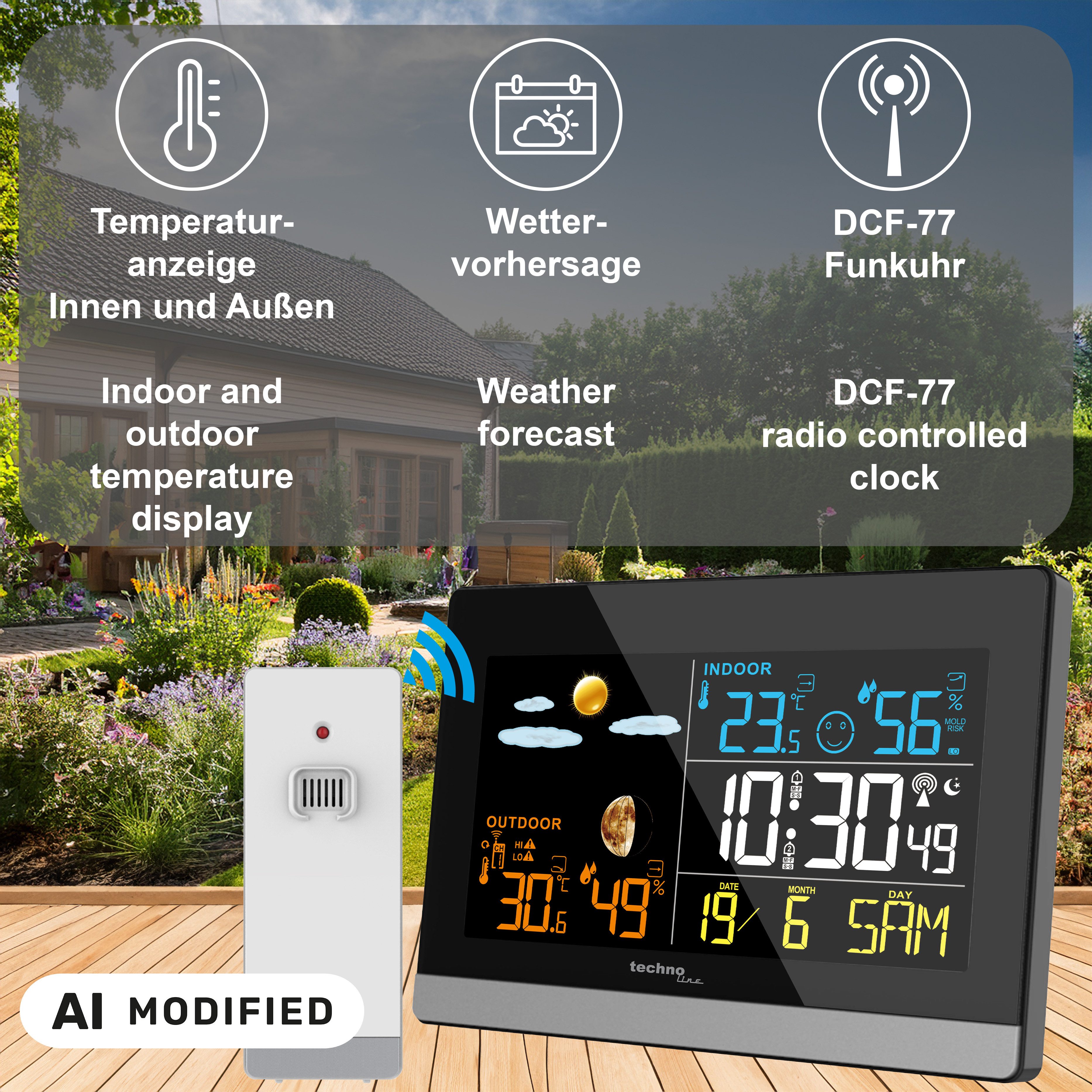 technoline WS 6455 Wetterstation (inklusive Außensender, Wetterstation mit farbiger LCD-Anzeige)