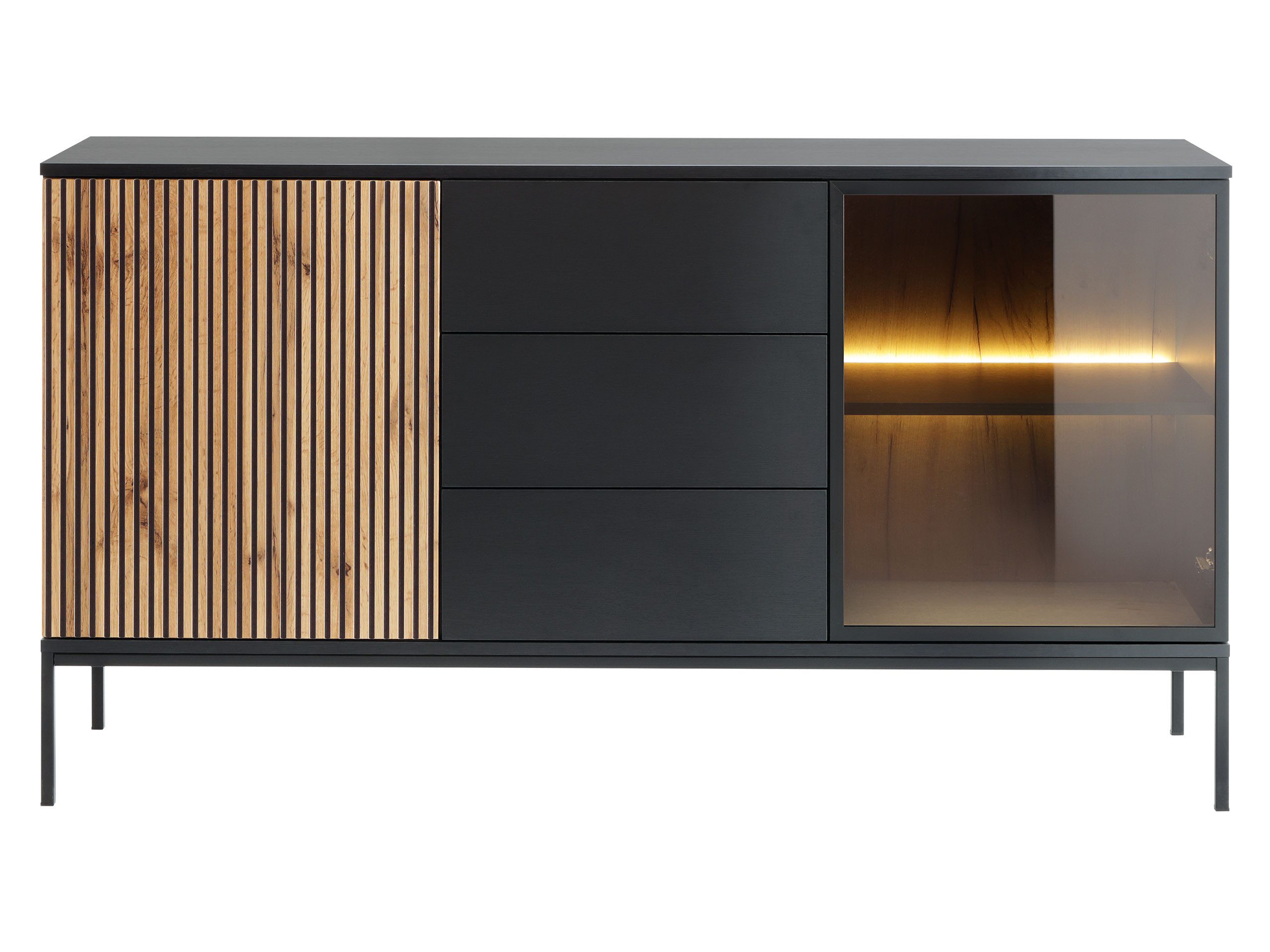 MIRJAN24 Kommode Sento KSZ154 (mit 2-Drehtüren und 3-Schubladen), mit LED-Beleuchtung, Untergestell aus Metall
