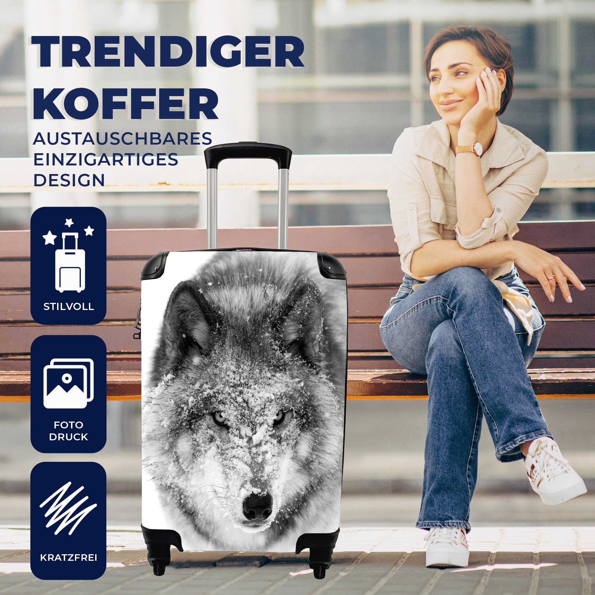 Rollen, Reisekoffer Wolf Reisetasche Ferien, 4 rollen, mit verschneitem schwarz-weiß, Trolley, Handgepäck Handgepäckkoffer in mit Kopf MuchoWow für