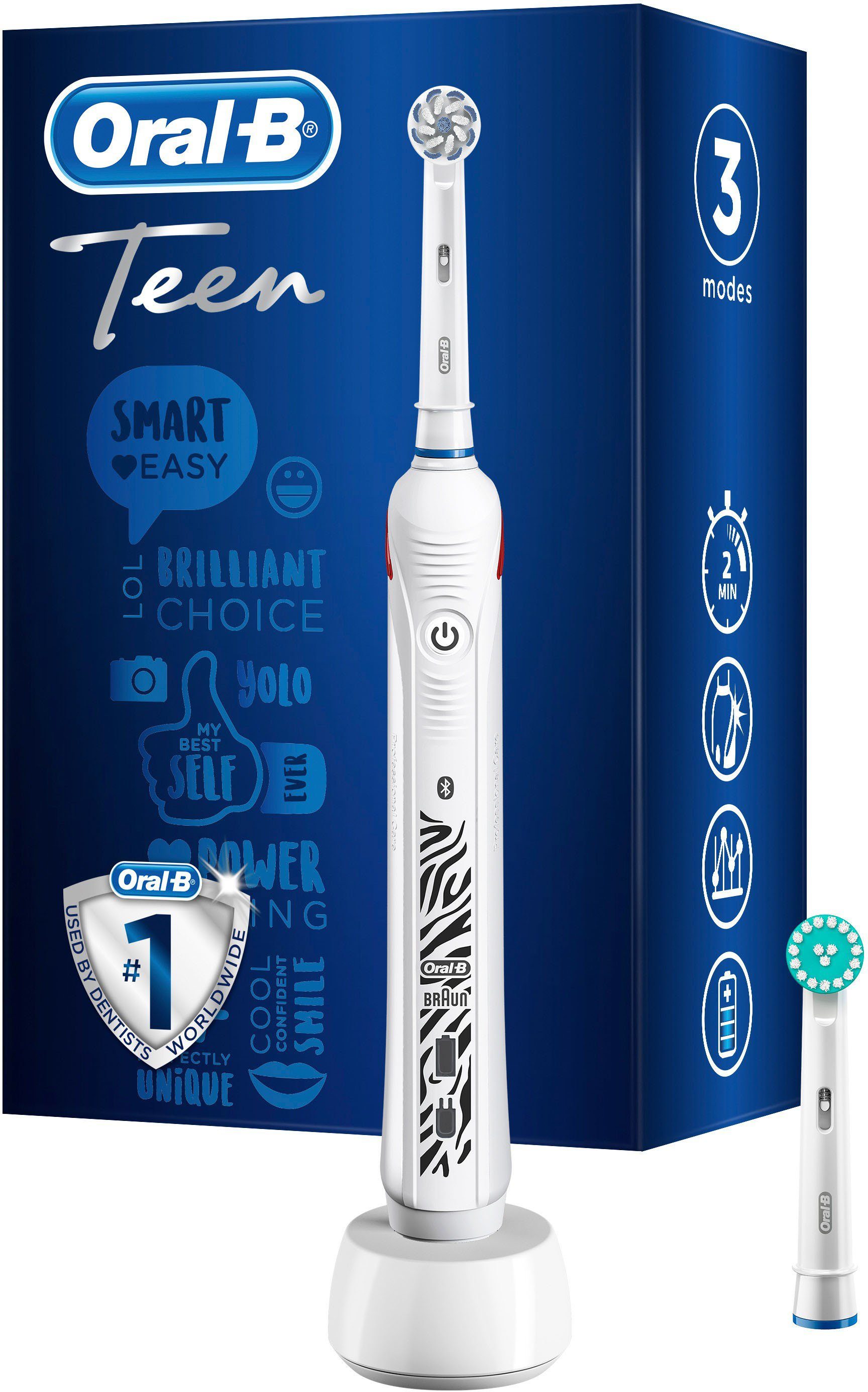 OralB Elektrische Zahnbürste Teen White, Aufsteckbürsten 2 St., mit visueller Andruckkontrolle