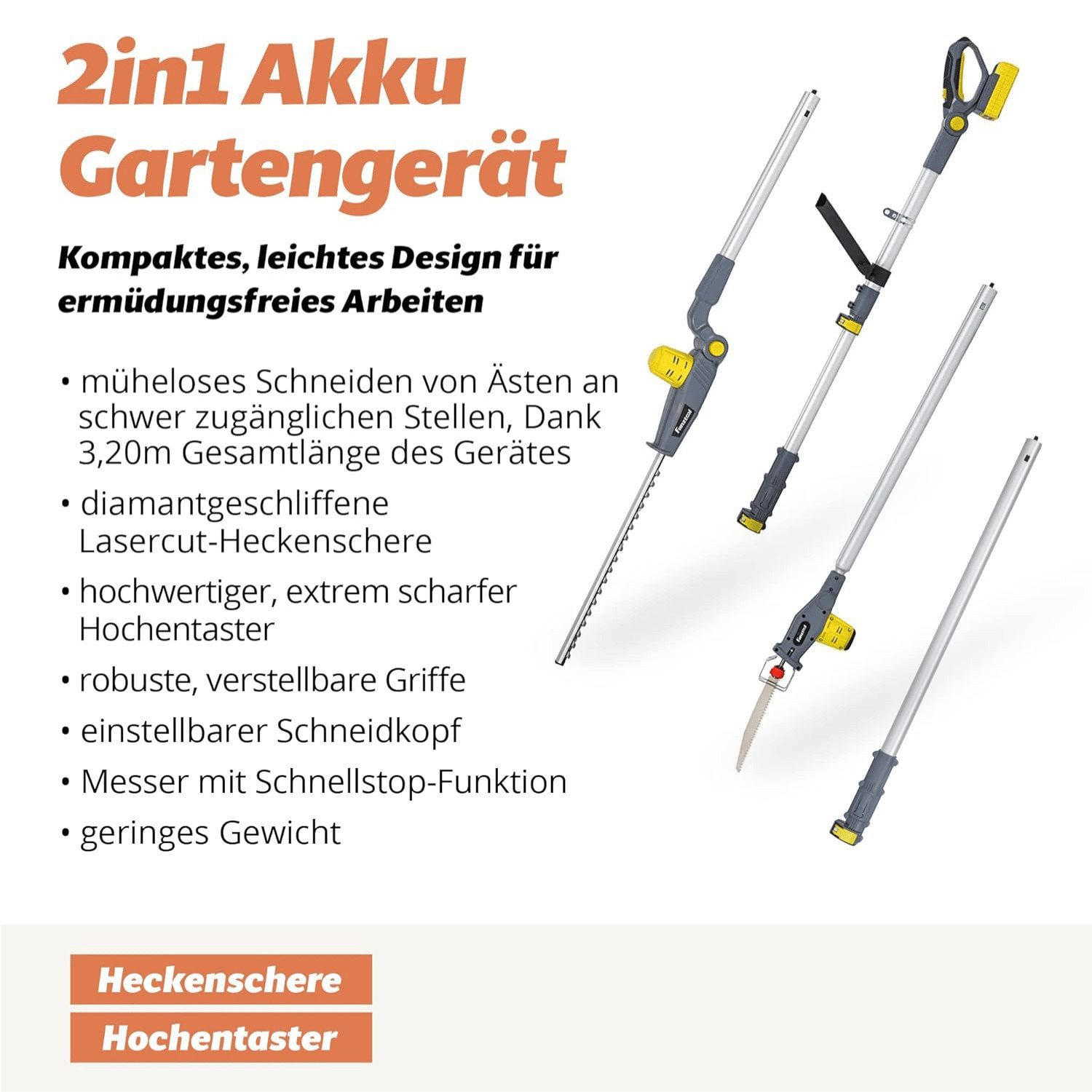 Fanztool Akku-Heckenschere FANZTOOL 20V Li-Ion Akku 2-in-1 Hochentaster/teleskop Heckenschere