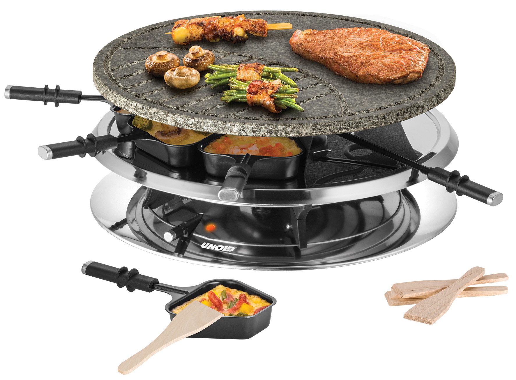 Unold Raclette Multi 4-in-1 48726, 8 Raclettepfännchen, 1300 W, mit Fonduetopf, abnehmbare Grillplatte und Natursteinplatte