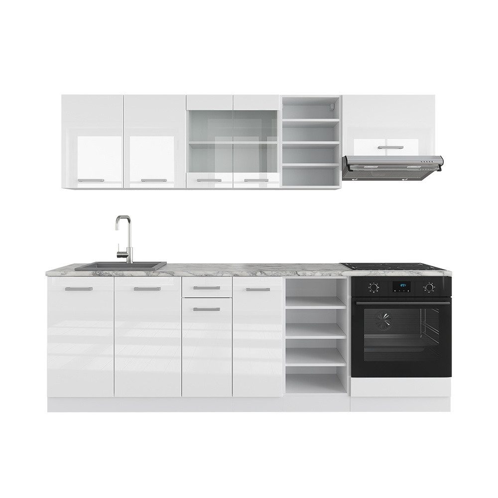 Vicco Küchenzeile R-Line, Weiß Hochglanz/Weiß, 240 cm, AP Marmor