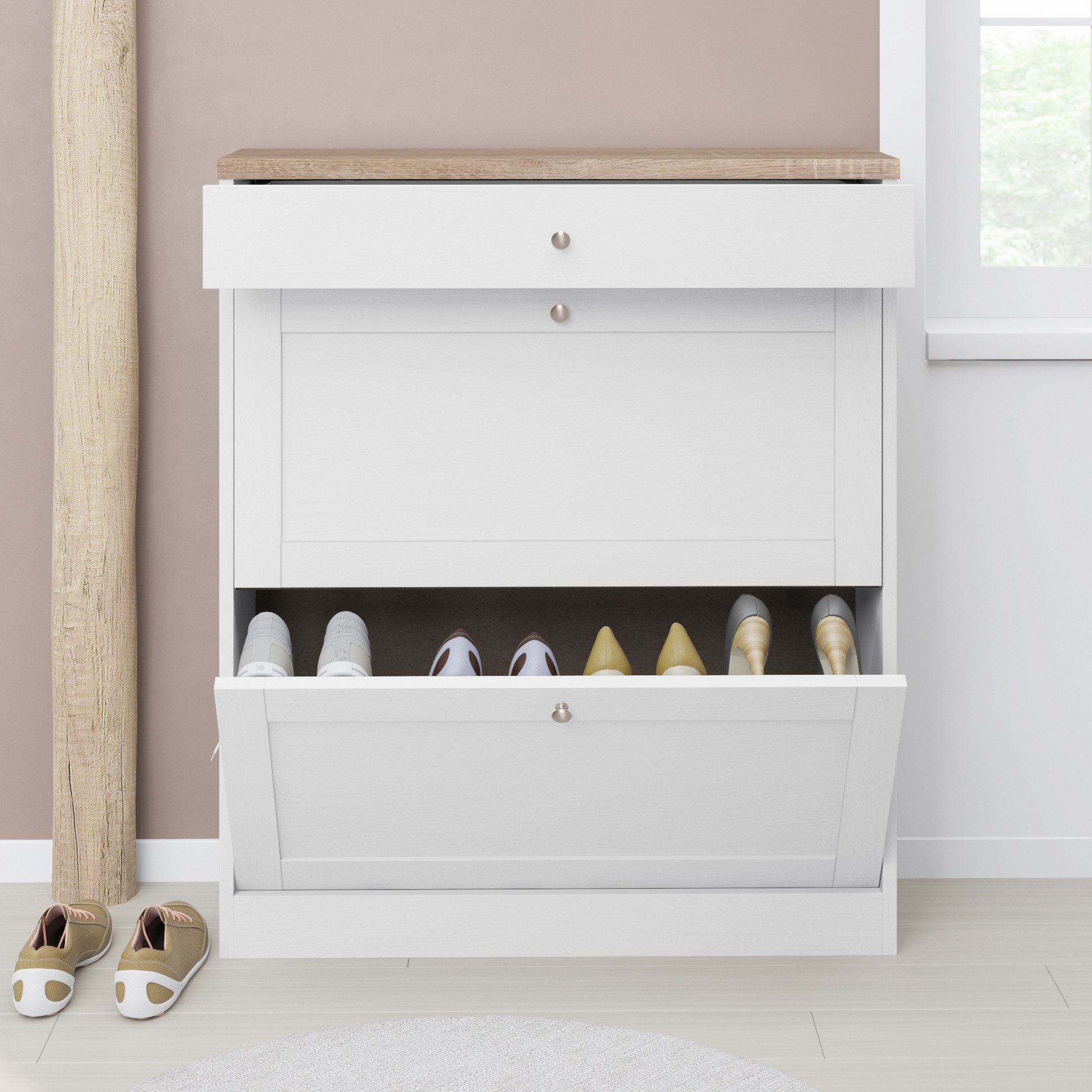 OTTO home Schuhschrank Heide Breite 90cm, mit Schubkasten, 2 Klappen und Facettenfront, Höhe 103cm – Bild 2 von 5
