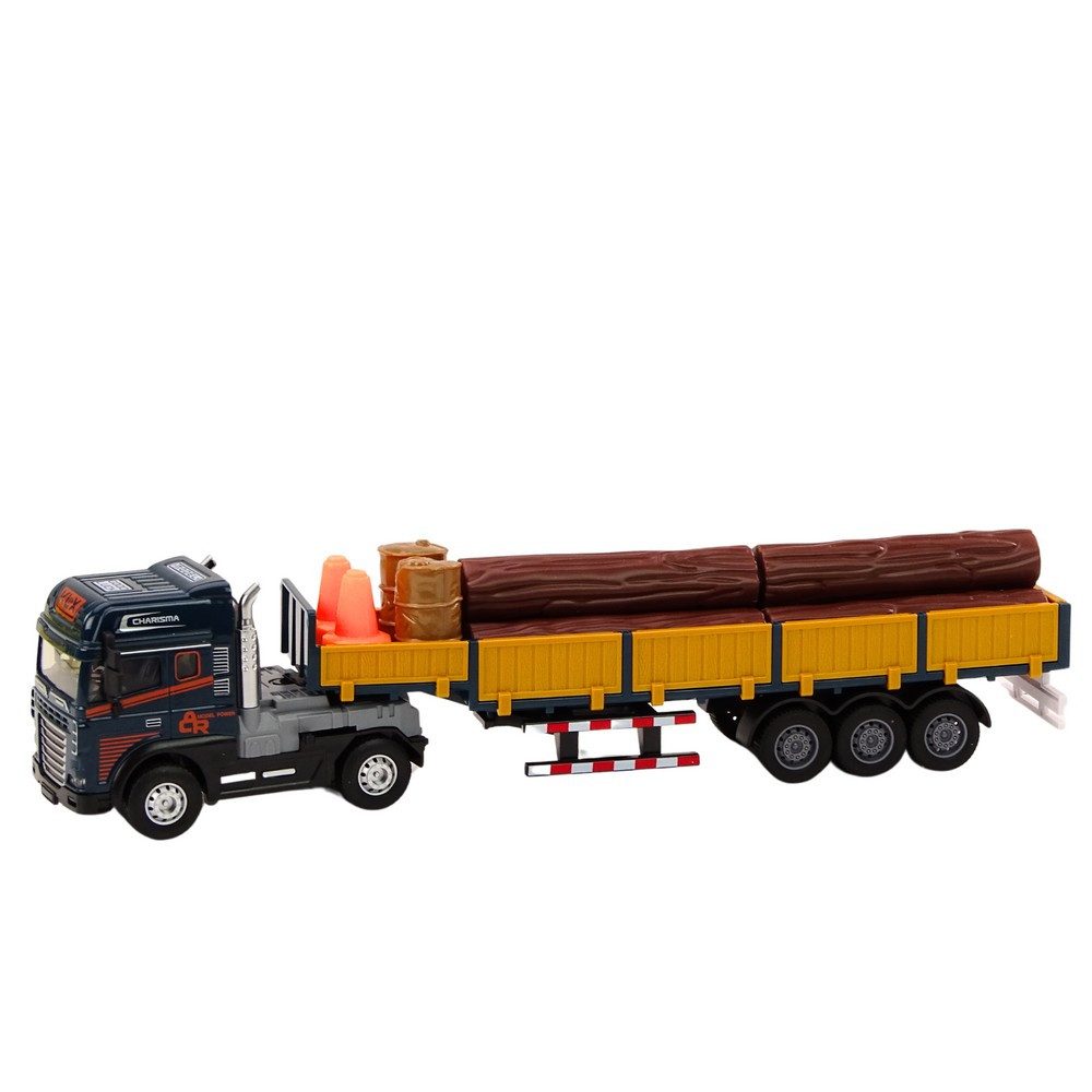 LEAN TOYS Anhänger Holztransporter Sattelzug Baustellenfahrzeug, Spar-Set, 1-tlg., 38 x 7 x 7 cm beleuchtet, Licht- & Soundeffekte, abnehmbarer Auflieger, 1:24