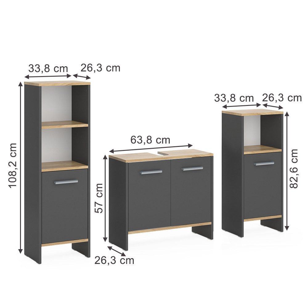 Vicco Badmöbel-Set Karli, Anthrazit/Goldkraft Eiche, 3-teilig, (3-St., 3er günstig online kaufen