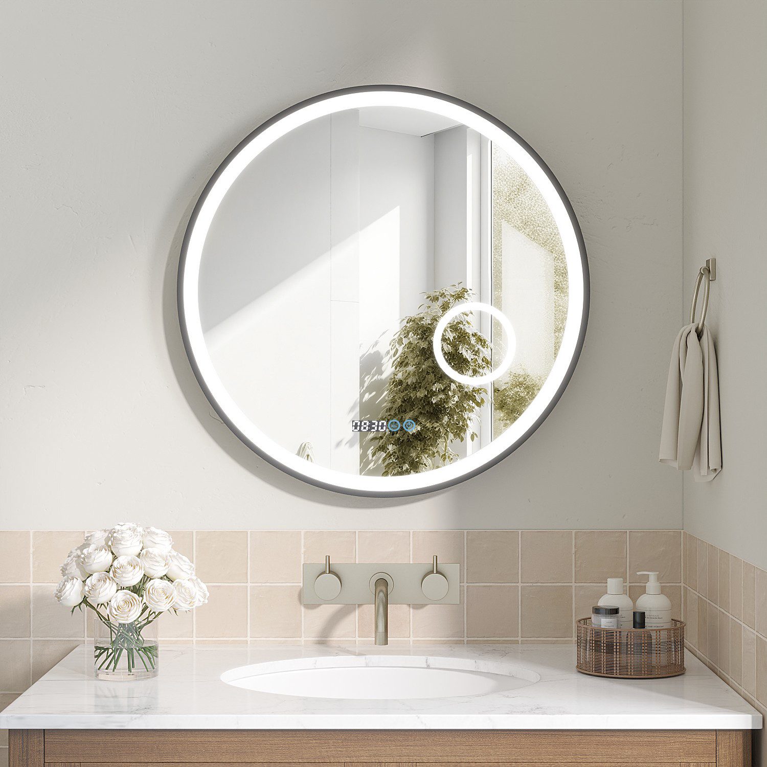 AQUALAVOS Rahmenspiegel-rund LED Rund Badspiegel Touch Dimmbare,Dreimal vergrößert Kosmetikspiegel, 60x60cm 3-Fach Vergrößerung Touchschalter Digitaler Uhr Beschlagfrei