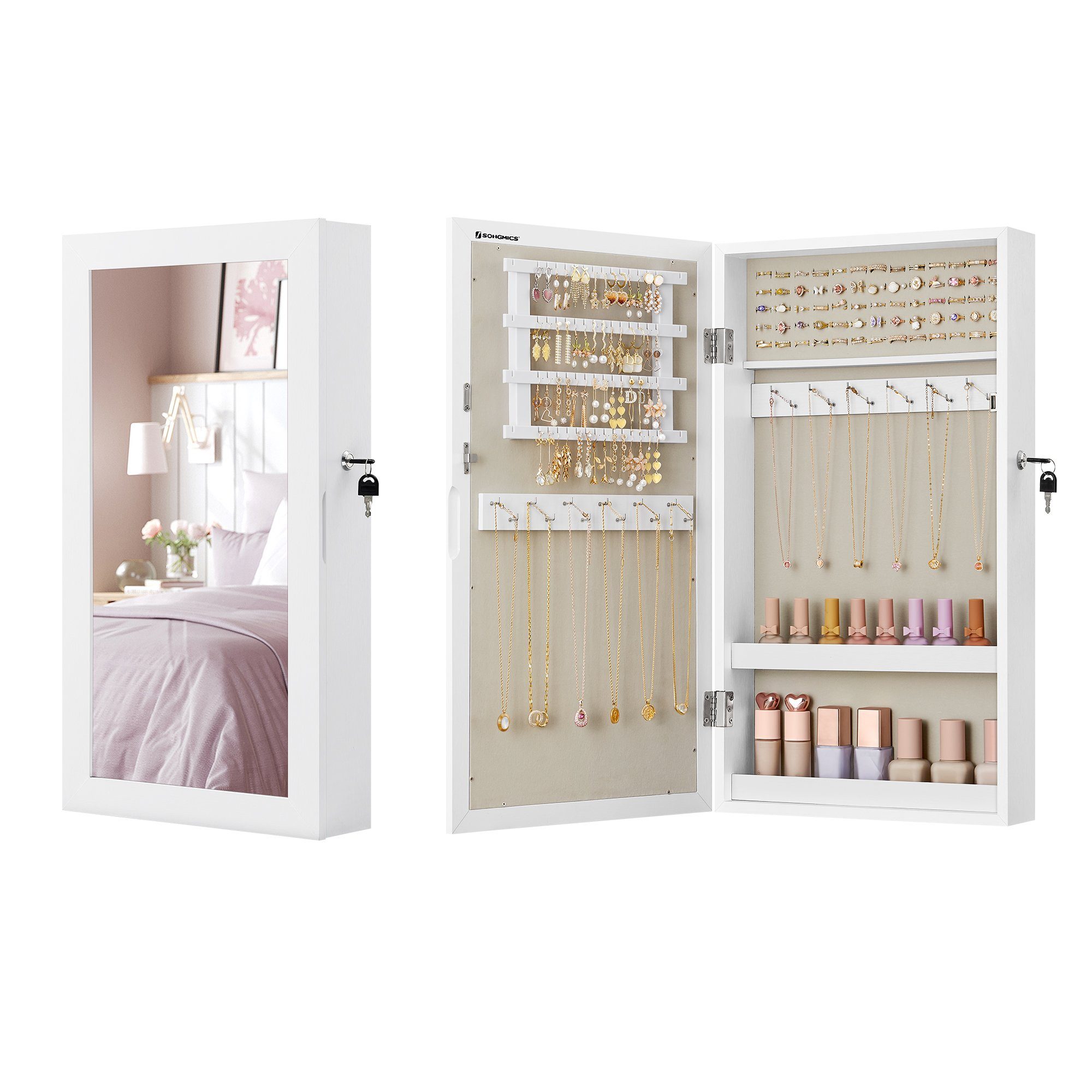 SONGMICS Schmuckschrank Spiegelschrank abschließbarer Wandschrank, weiß günstig online kaufen